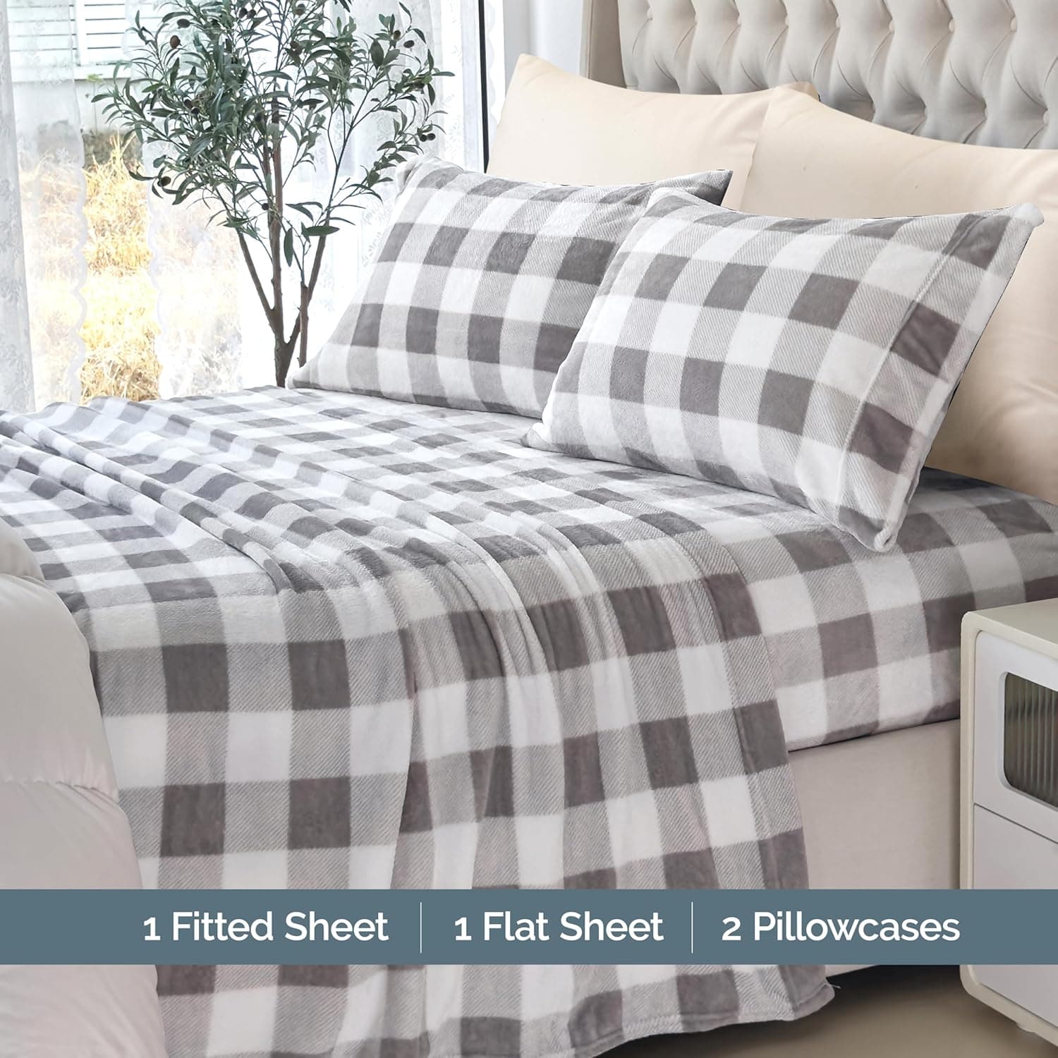 Elegant Comfort Luxuriously Soft 4-Piece Velvet Plush Flannel Sheet Set - Premium Quality - Cozy Warm, Anti-Static, Non Pilling Fuzzy Velvet Flannel Fleece Deep Pocket Sheet Set - Full, Buffalo Gray Buffalo Gray Full - Image 4