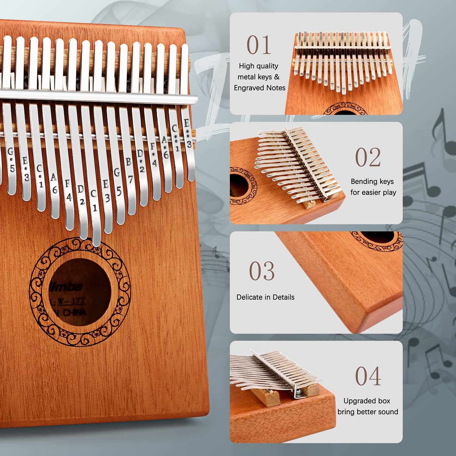Kalimba Piano de Pulgar, YUNDIE Piano de Dedos Portátil de 17 Teclas Mbira con Martillo de Afinación e Instrucciones, Regalo de Instrumentos Musicales para Adultos Principiantes Profesionales (Marrón) 17 teclas Marrón - Image 2