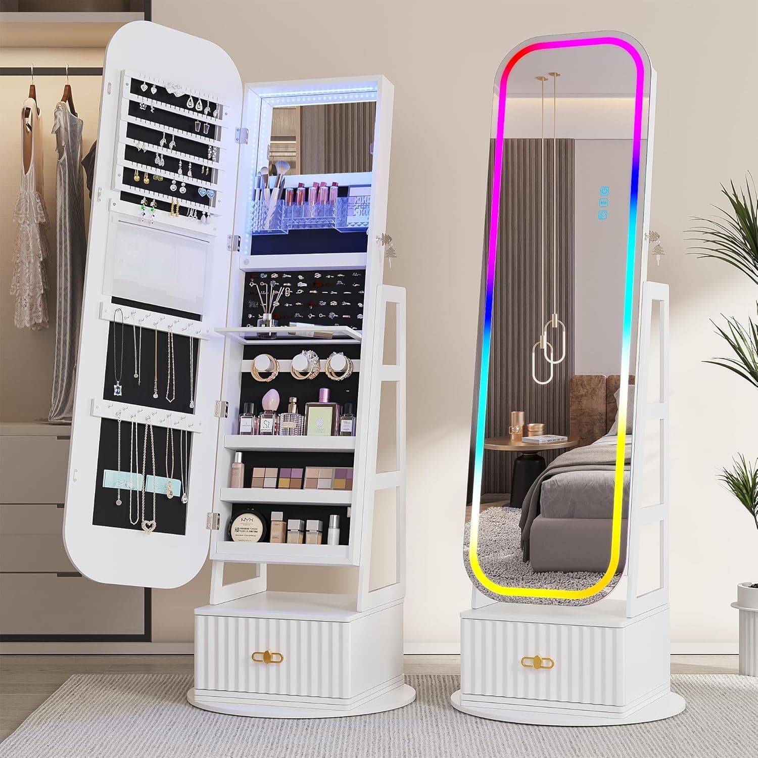 360° Swivel Jewelry Cabinet with Lights - RGB Vanity Mirror | Rotatable Full Length Mirror with Jewelry Storage, Standing Jewelry Armoire Organizer, Foldable Makeup Shelf, White (White 052) - Image 9