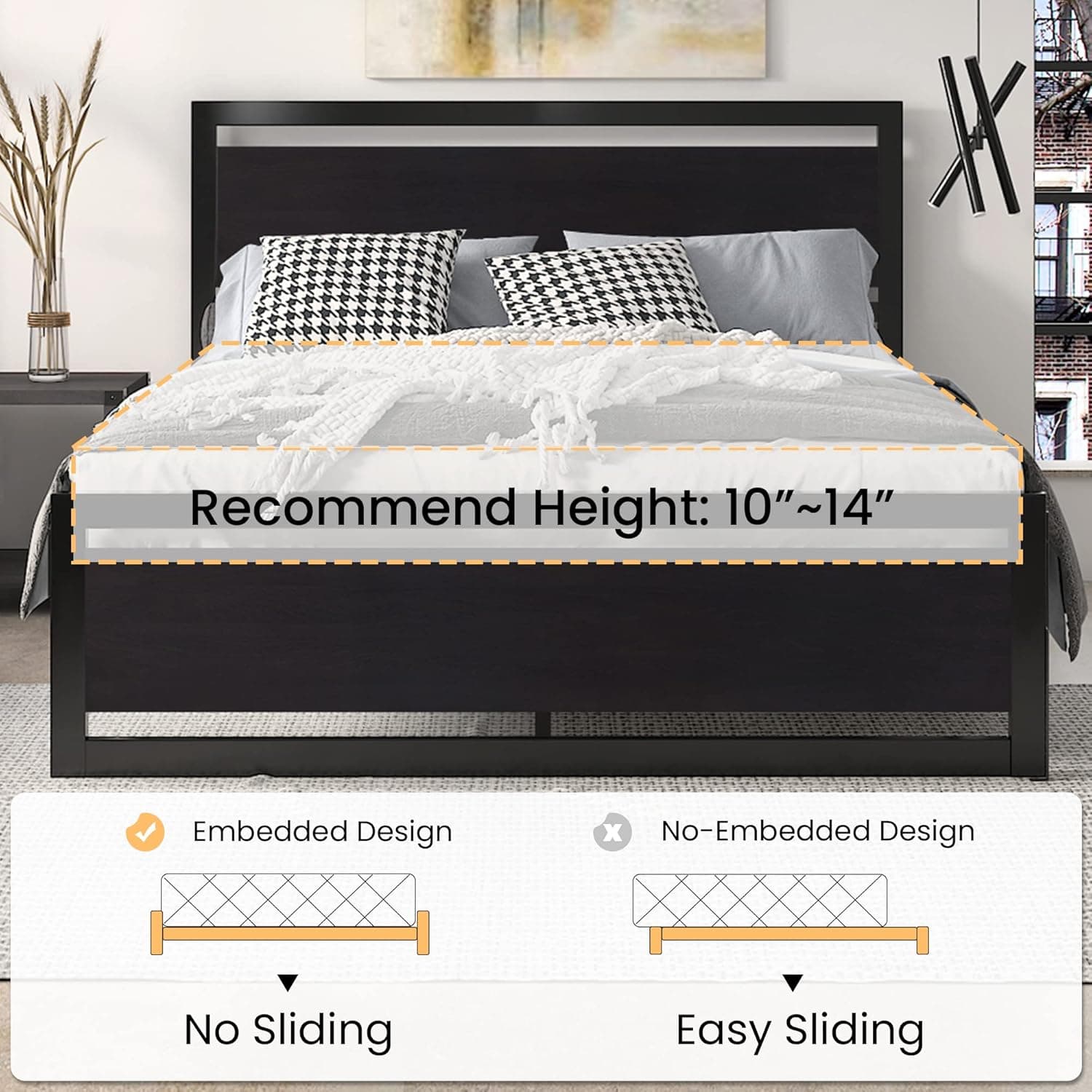 SHA CERLIN Queen Size Bed Frame with Modern Headboard, Heavy Duty Platform Metal Base with Square Footboard and 13 Strong Slats Support, No Box Spring Needed, Black Queen Black - Image 8