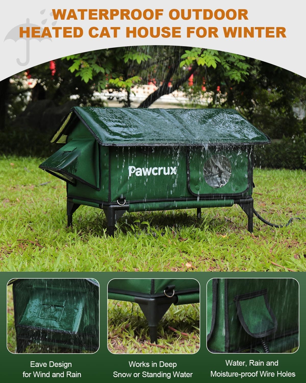 100% Waterproof Heated Cat House for Outdoor Cat with Safe Escape Door, Cat Bed Weatherproof Cat Shelter Kitty with Cat Heating Pad, Insulated Warm House for Feral Cat(Green, 16"x16"x19.3") Green S - Image 3