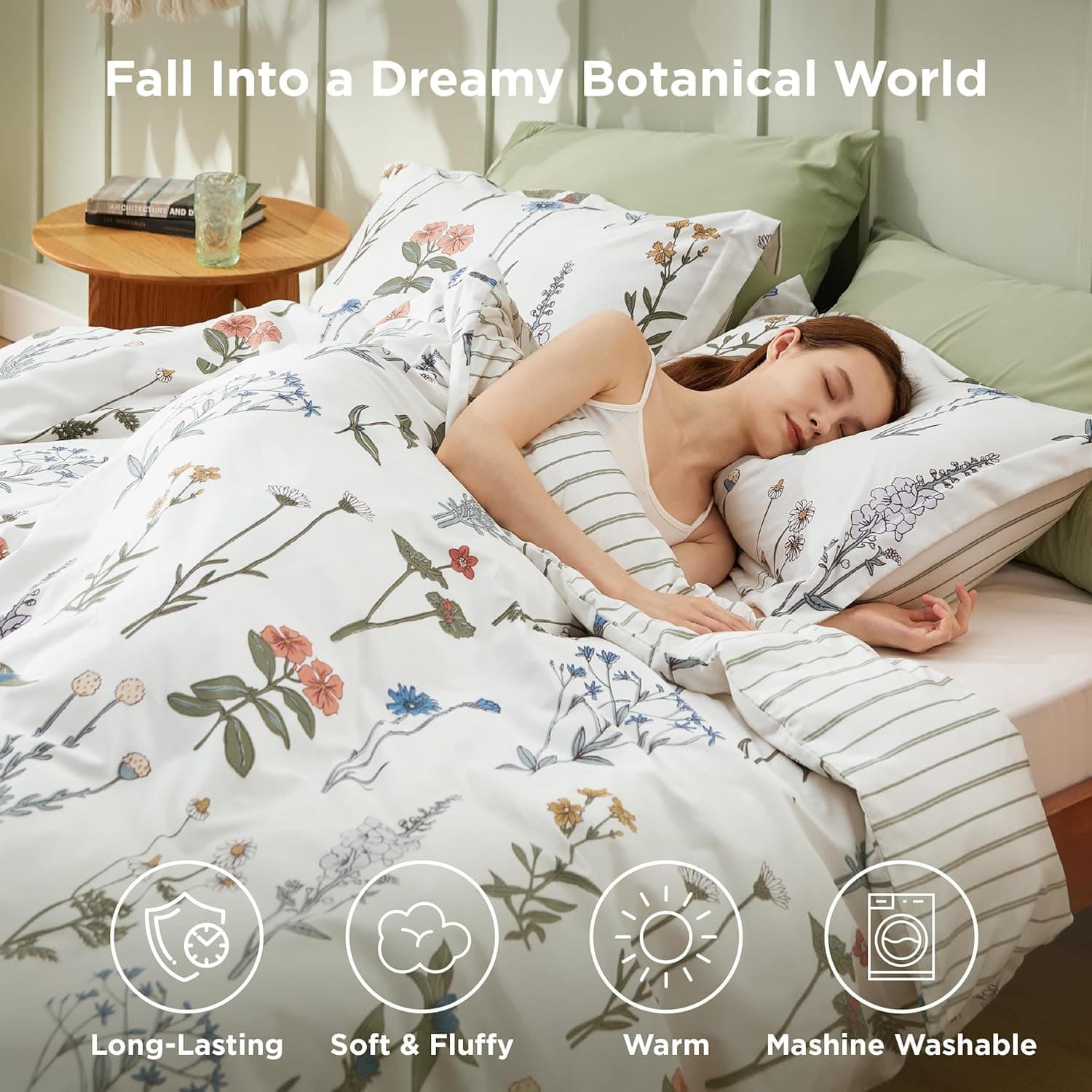 Bedsure Comforter Set Queen Size - Cute Floral Bedding Comforter Set, 3 Pieces, 1 Soft Reversible Coconut White Botanical Flowers Comforter and 2 Pillow Shams 01 - Coconut White Floral Queen - Image 3