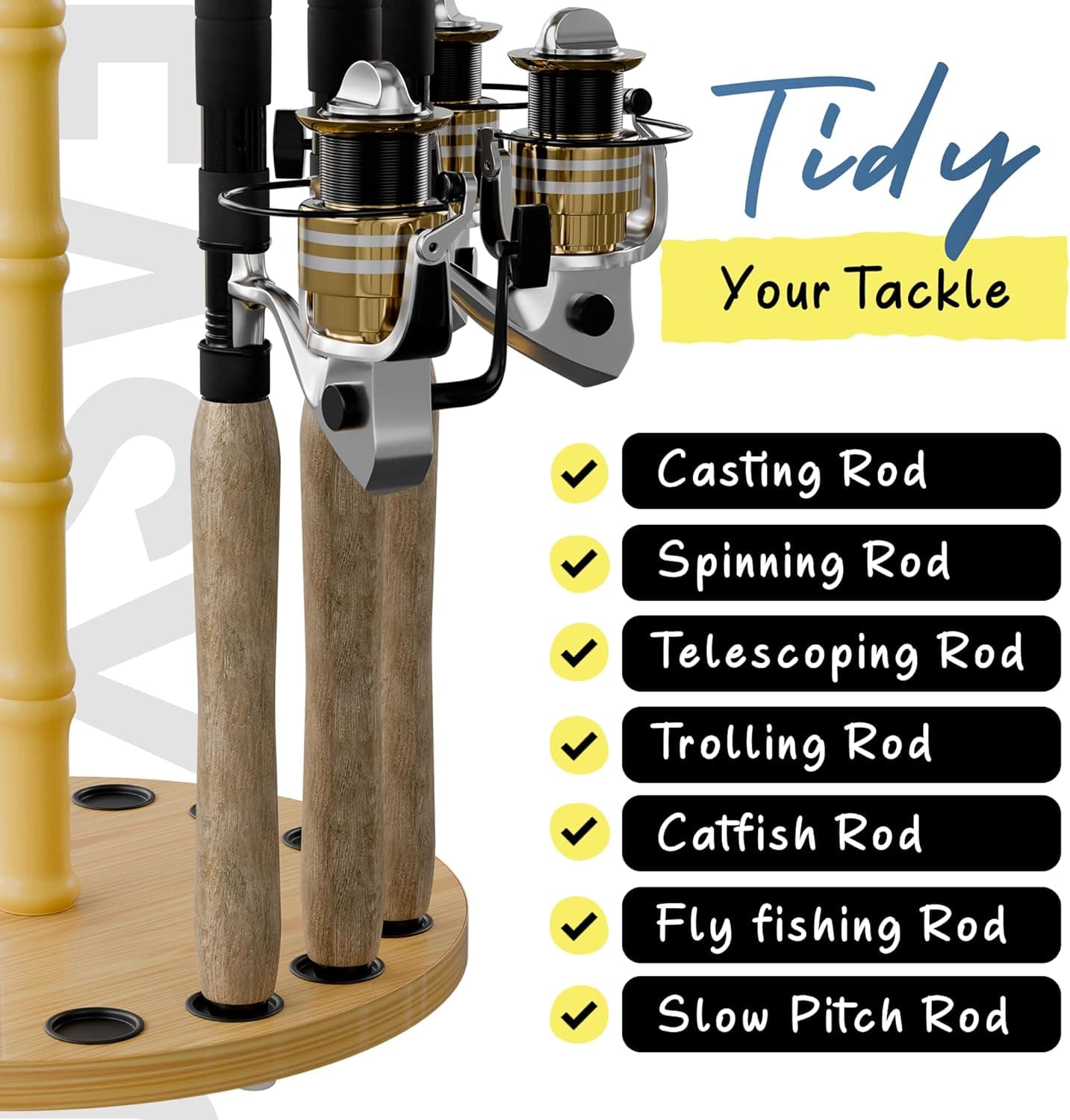 Rush Creek Creations Round 16 Fishing Rod Storage Rack - Features Traditional Handcrafted Wood Post - No Tool Assembly, Wood Grain Laminate Light Wood Grain 16-Rod - Image 7