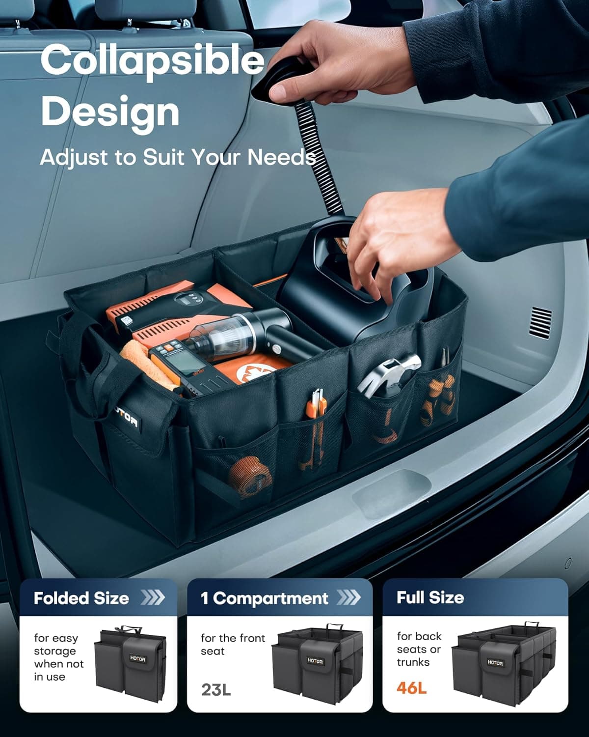 HOTOR Trunk Organizer - Car Organizer, Foldable Trunk organizer for SUVs & Sedans, Sturdy Car Organization for Car Accessories, Tools, Sundries, Black, 2 Compartments, 21.3"×12.6"×10.6" Medium Black - Image 6