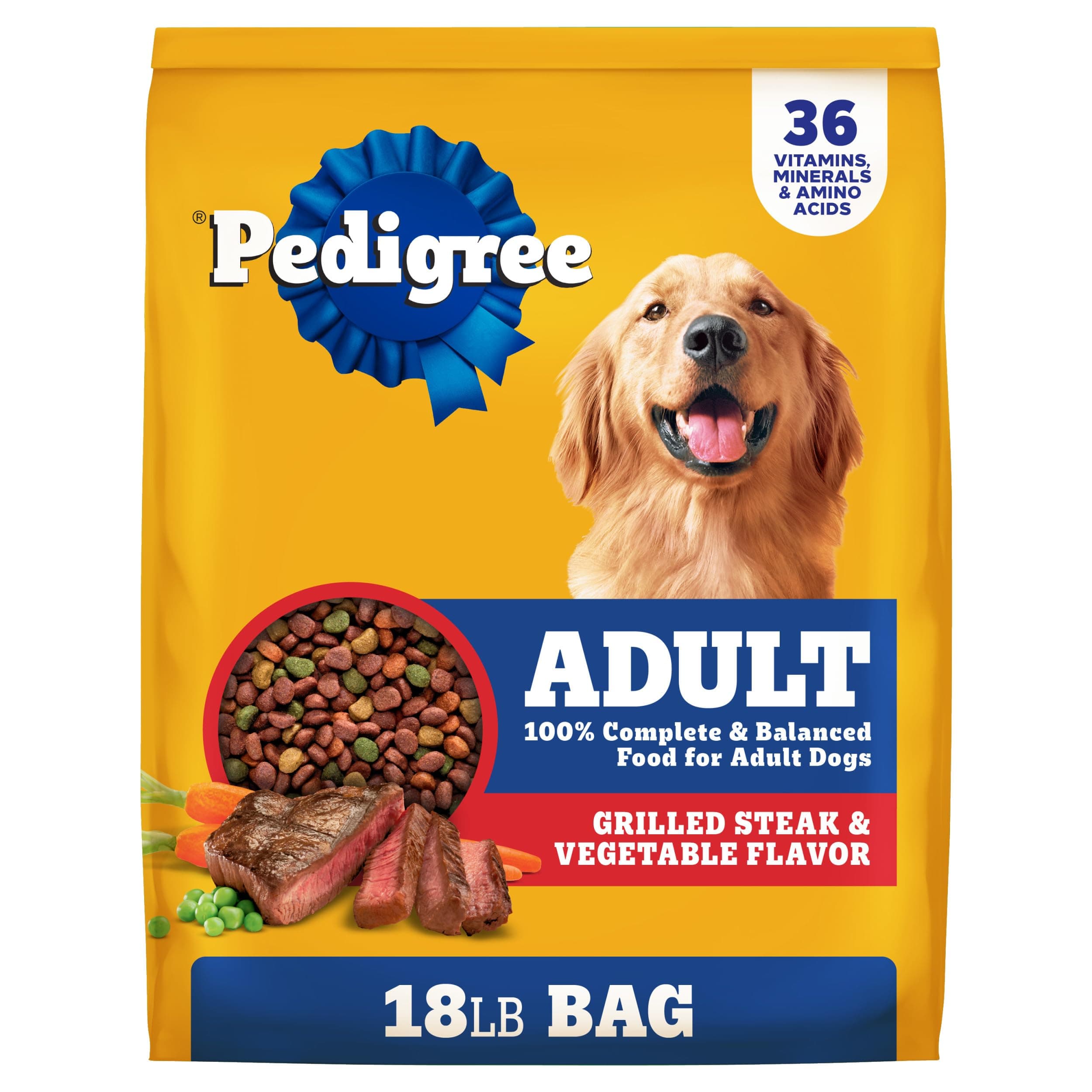 Pedigree Adult Dry Dog Food, Nutrición Completa, Sabor a Bistec a la Parrilla y Vegetales, Bolsa de 18 lb.