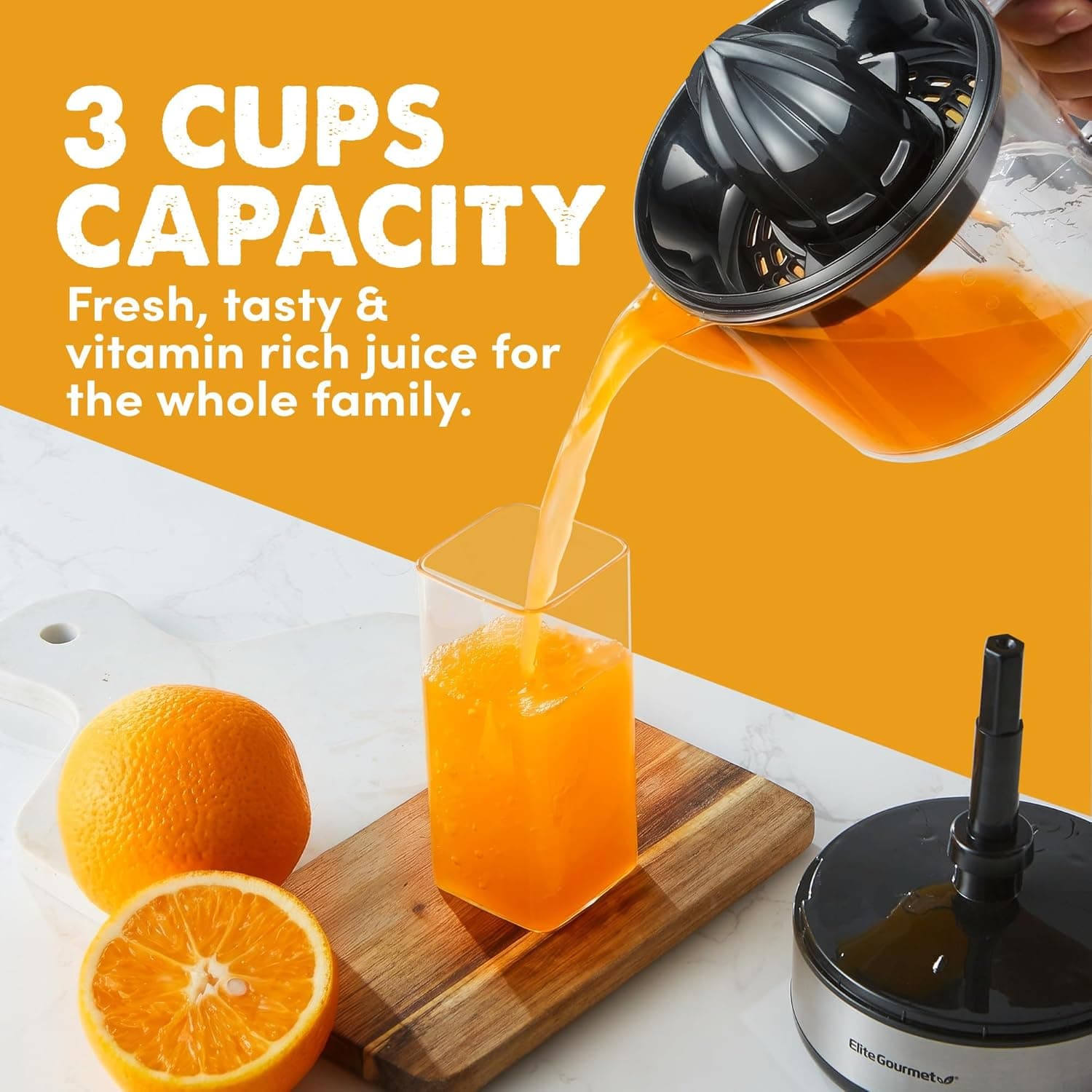 Elite Gourmet ETS623 BPA-Free Electric Citrus Juicer, Compact, Large Volume, Pulp Control, Oranges, Lemons, Limes, Grapefruits with Easy Pour Spout, 24oz, Black/Stainless Steel - Image 6