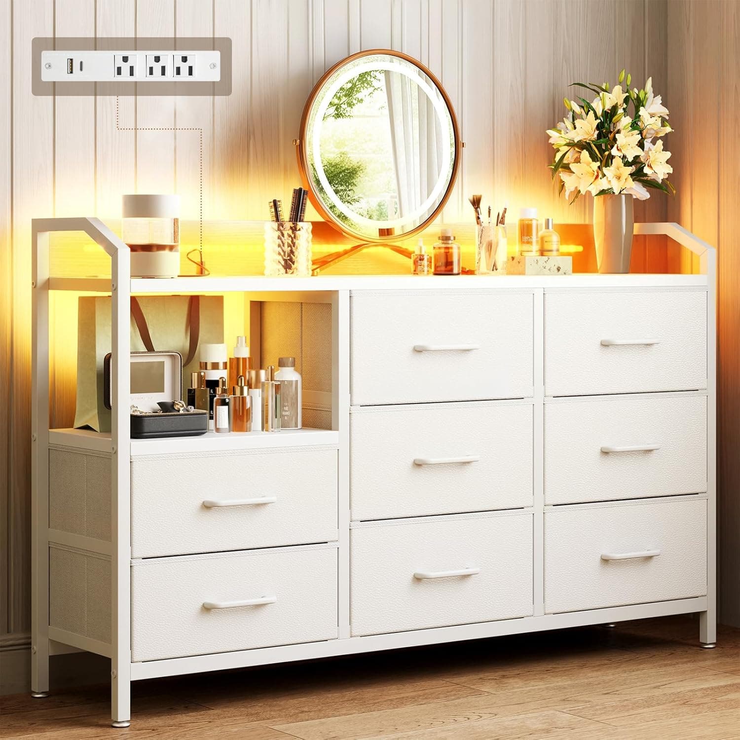 KKL White Dresser for Bedroom with Light Strip & Power Outlet — 8 Drawers Dressers & Chest of Drawers with Shelf, Wood Top, Metal Frame, Wide Dressers for Girls Bedroom, Living Room, Hallway, Closet - Image 2