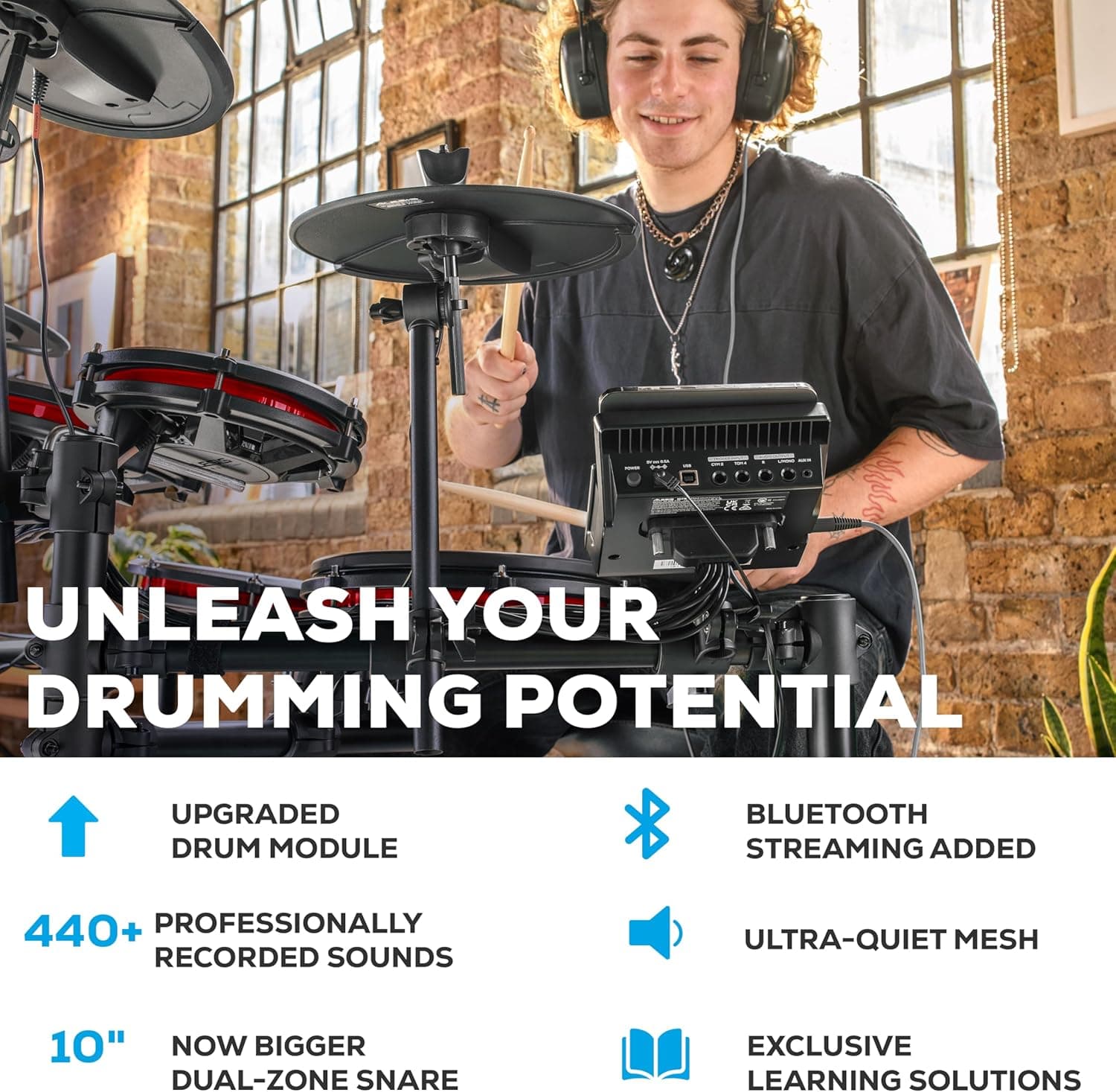 Alesis Nitro Max Kit Electric Drum Set with Quiet Mesh Pads, 10" Dual Zone Snare, Bluetooth, 440+ Authentic Sounds, Drumeo, USB MIDI, Kick Pedal Drum Set only - Image 3