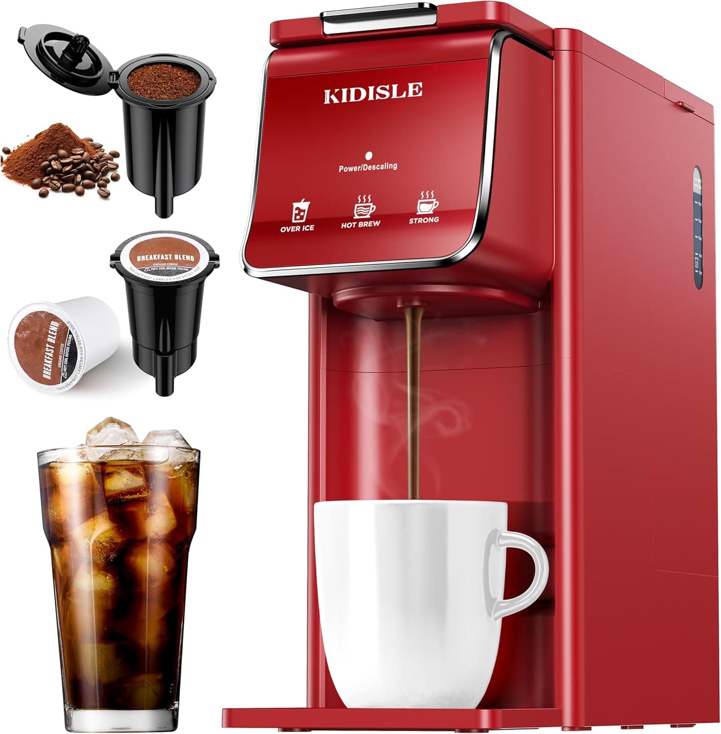 Hot & Iced Coffee Maker, K Cup Coffee Maker Compatible with Ground Coffee, Single-Serve Brewer with Bold Setting, Reusable Filter, Travel Mug Friendly, Compact & Quick Brew, Red - Image 2