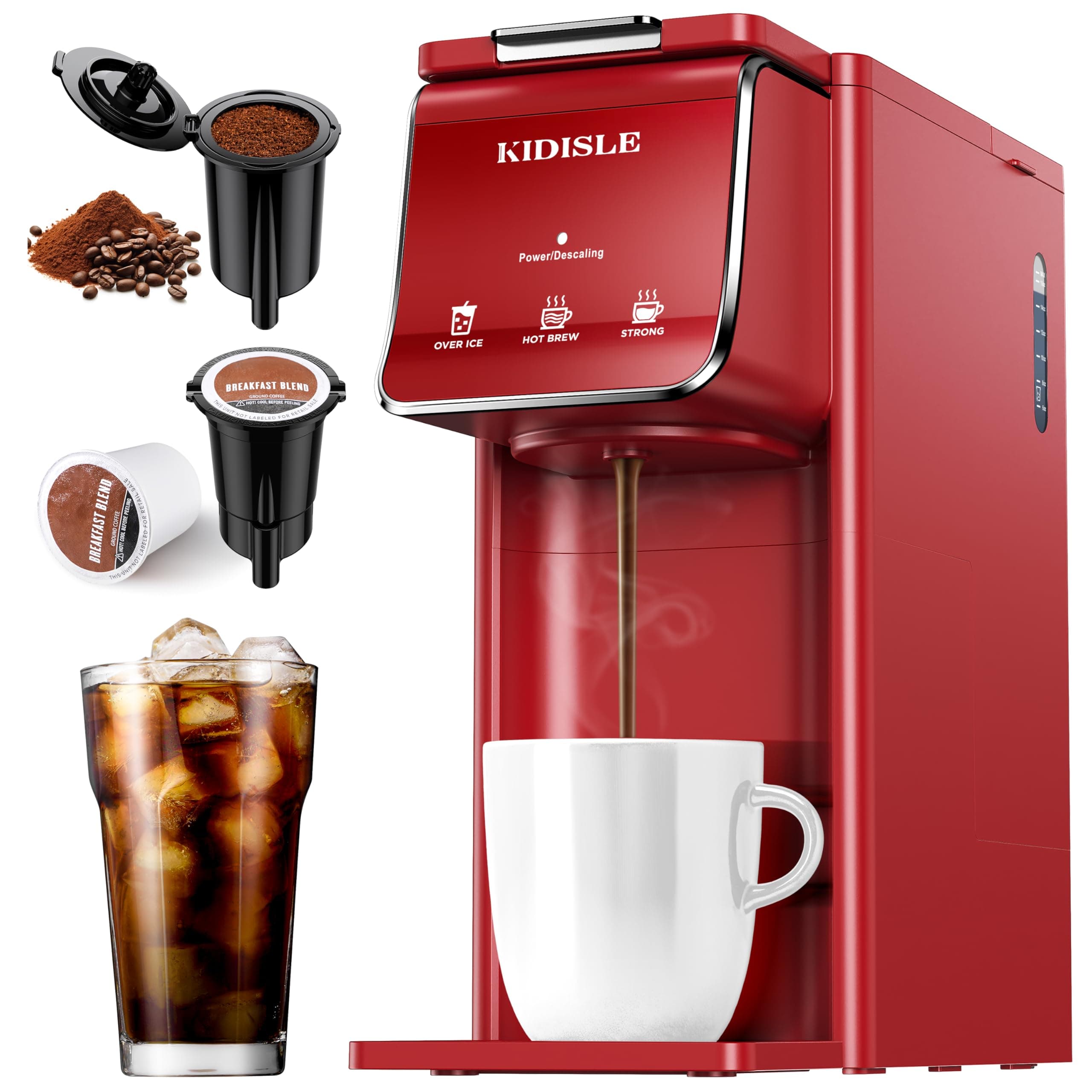 Hot & Iced Coffee Maker, K Cup Coffee Maker Compatible with Ground Coffee, Single-Serve Brewer with Bold Setting, Reusable Filter, Travel Mug Friendly, Compact & Quick Brew, Red