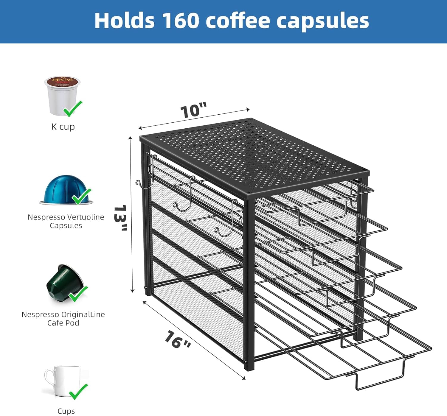 Simple Trending 5 Tier Coffee Pod Holder for K Cup, 160 Pod Pack Capacity Rack, Metal, Black 5 Tier Black-Metal - Image 3
