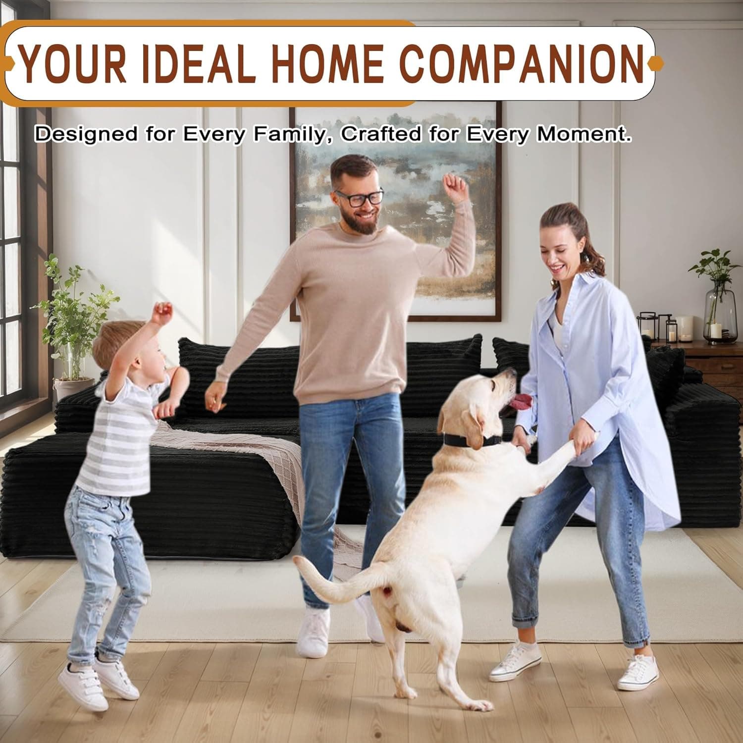 108" Sectional Couches for Living Room, Modular Sectional Sofa with L-Shape Chaise, Cloud Couch, Comfy Corduroy Fluffy Couch with Deep Seat and Side Pockets, No Assembly Required Jet Black - Image 6