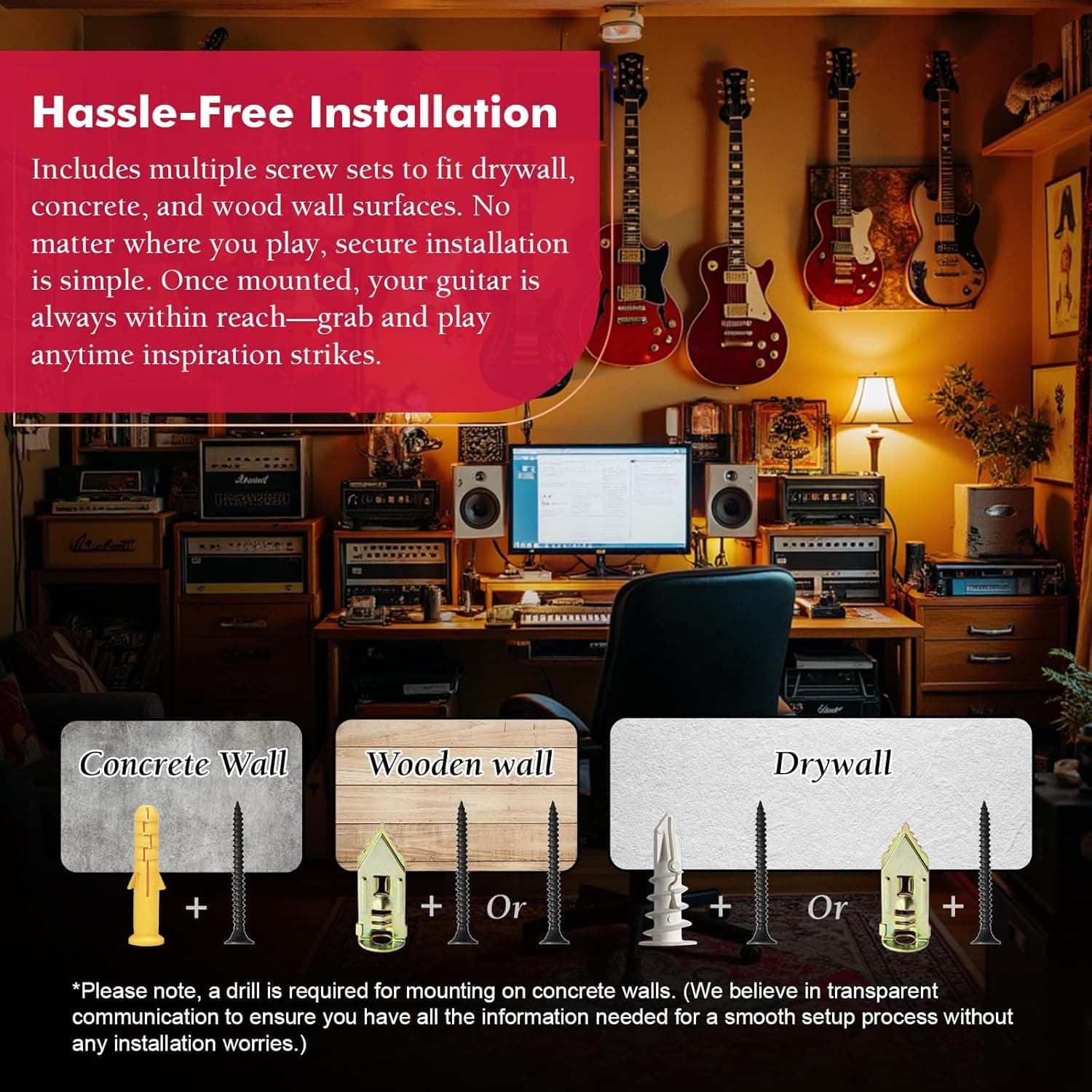 Guitar Wall Mount 2 Pack - U-Shape Guitar Wall Hangers, Guitar Stand Wall, Black Walnut Guitar Hanger, Pick Holder, Gifts for Guitarists, with 6 Assorted Guitar Picks - Image 4