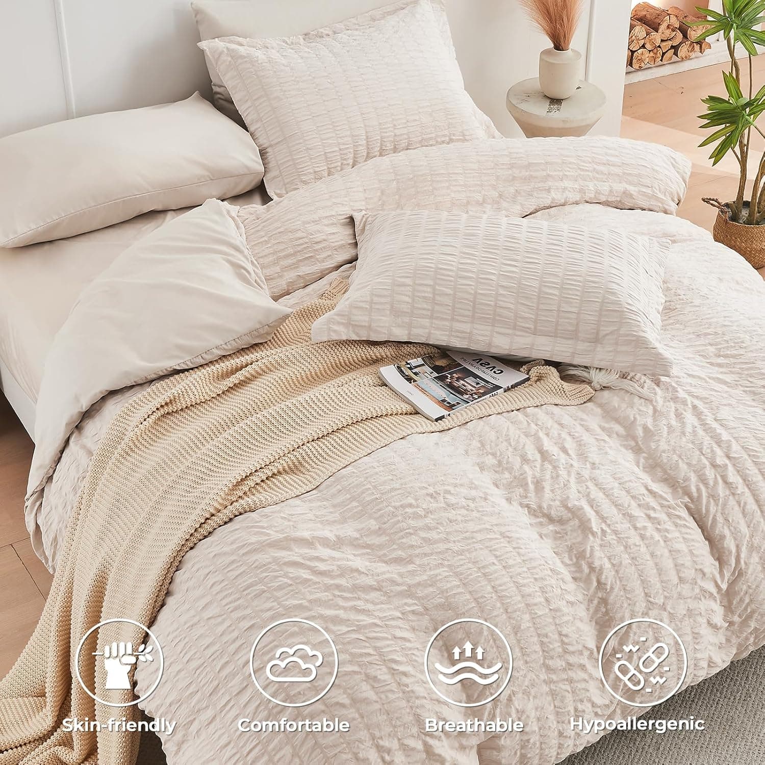 HYMOKEGE Beige Queen Comforter Set Seersucker 7 Pieces, All Season Luxury Bed in a Bag for Bedroom, Bedding Set with Comforters, Sheets, Pillowcases & Shams Queen(88"x 88") Beige - Image 4