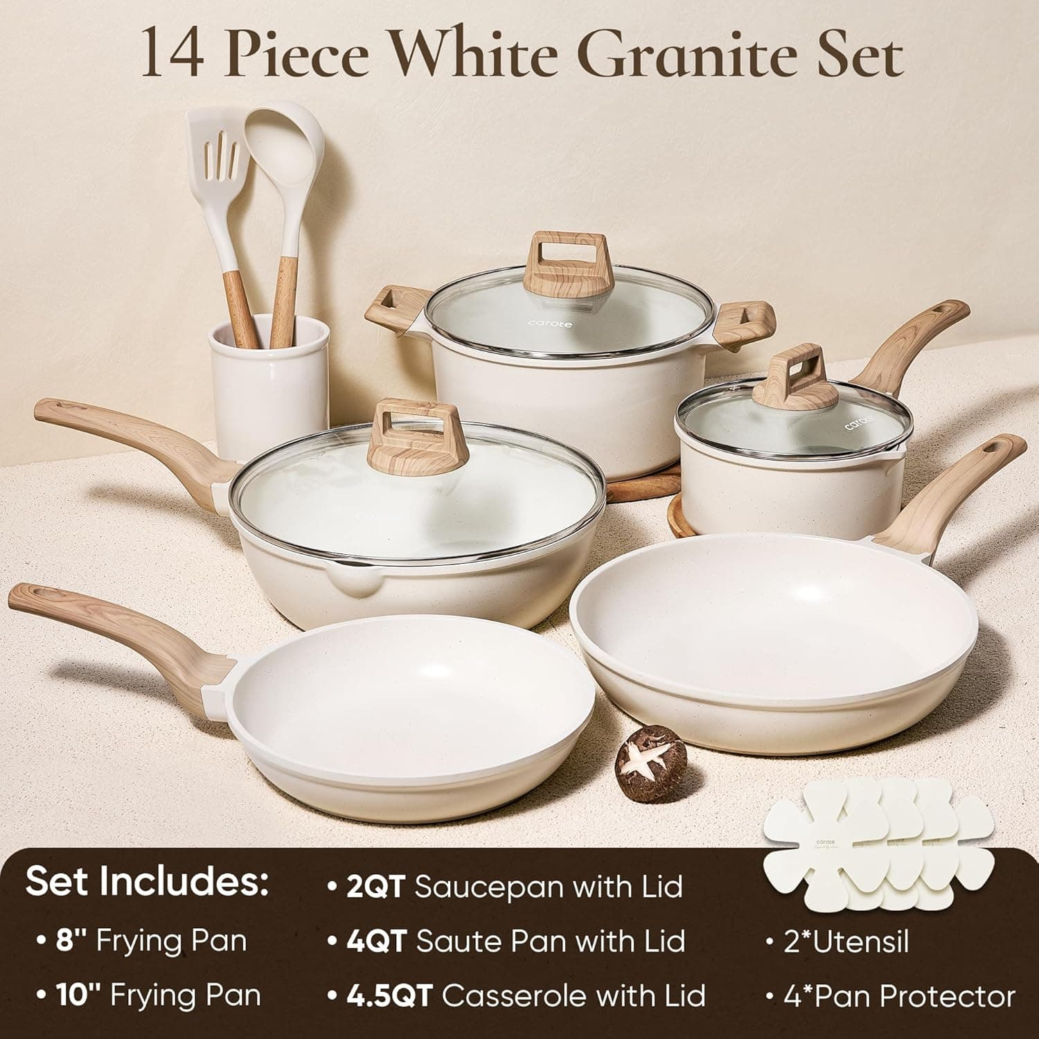 CAROTE 14 Pcs Pots and Pans Set Nonstick,Cookware Set Kitchen Cooking Set with Utensil and Pan Protectors Cream White 14 Piece - Image 3