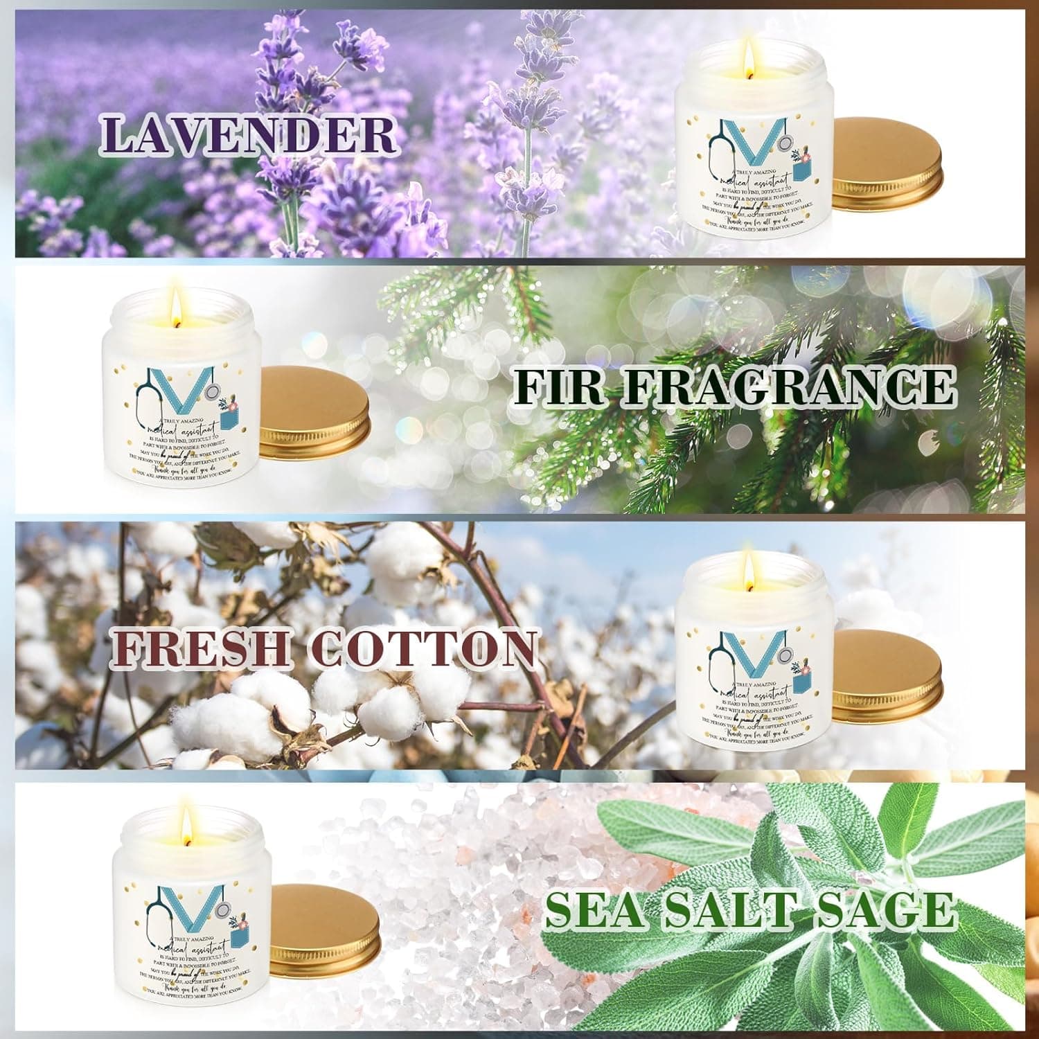 Nuanchu 4 Pcs Medical Assistant Gifts Soy Scented Candles Bulk Aromatherapy Jar 3.5 oz Soy Wax 4 Styles Scented Candles Presents for Women Nurse Week Thanksgiving Christmas Birthday Medical Assistants Gold 4 - Image 4