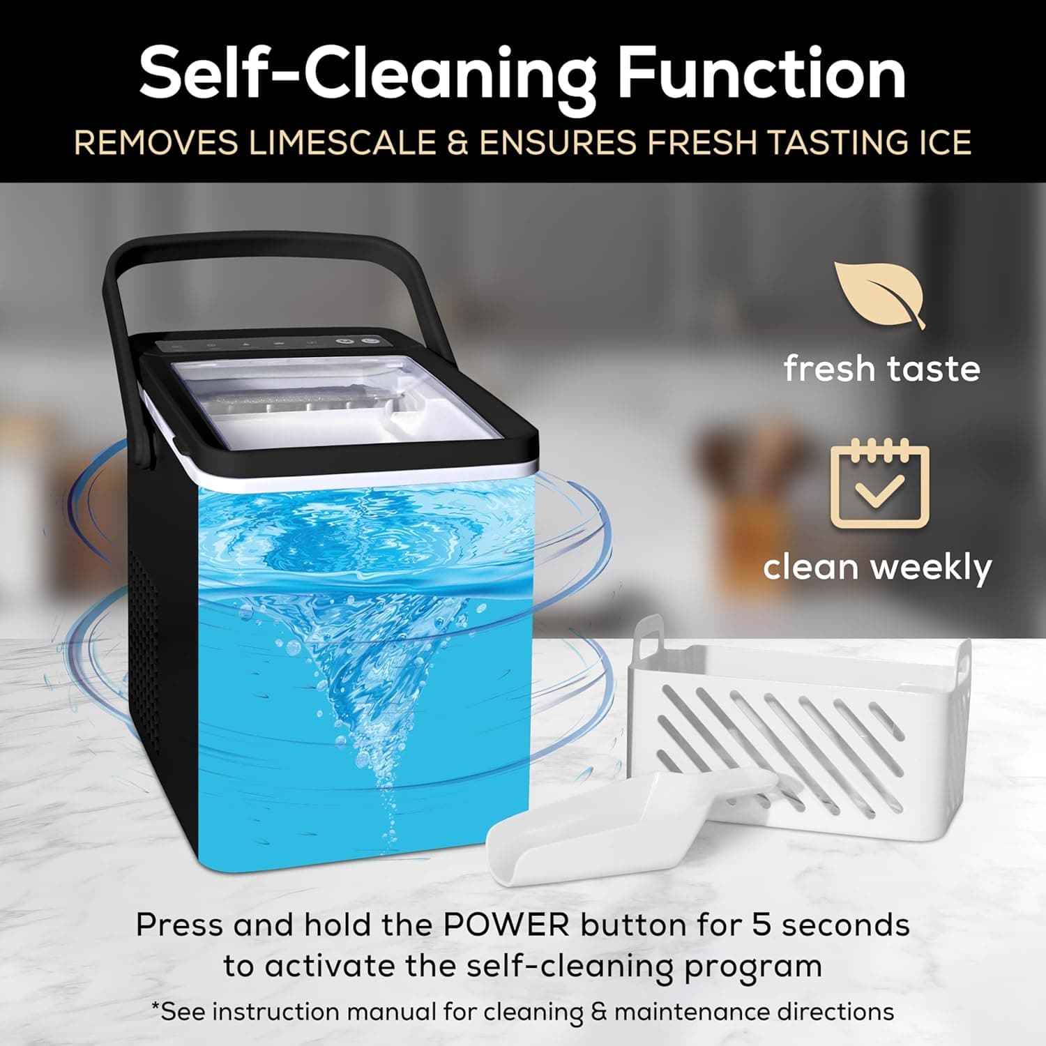 Igloo Premium Self-Cleaning Countertop Ice Maker Machine, Handled Portable Ice Maker, Produces 26 lbs. in 24 hrs. with Ice Cubes Ready in 6-8 Minutes, Comes with Ice Scoop and Basket Black 26 Lb Handle - Image 6