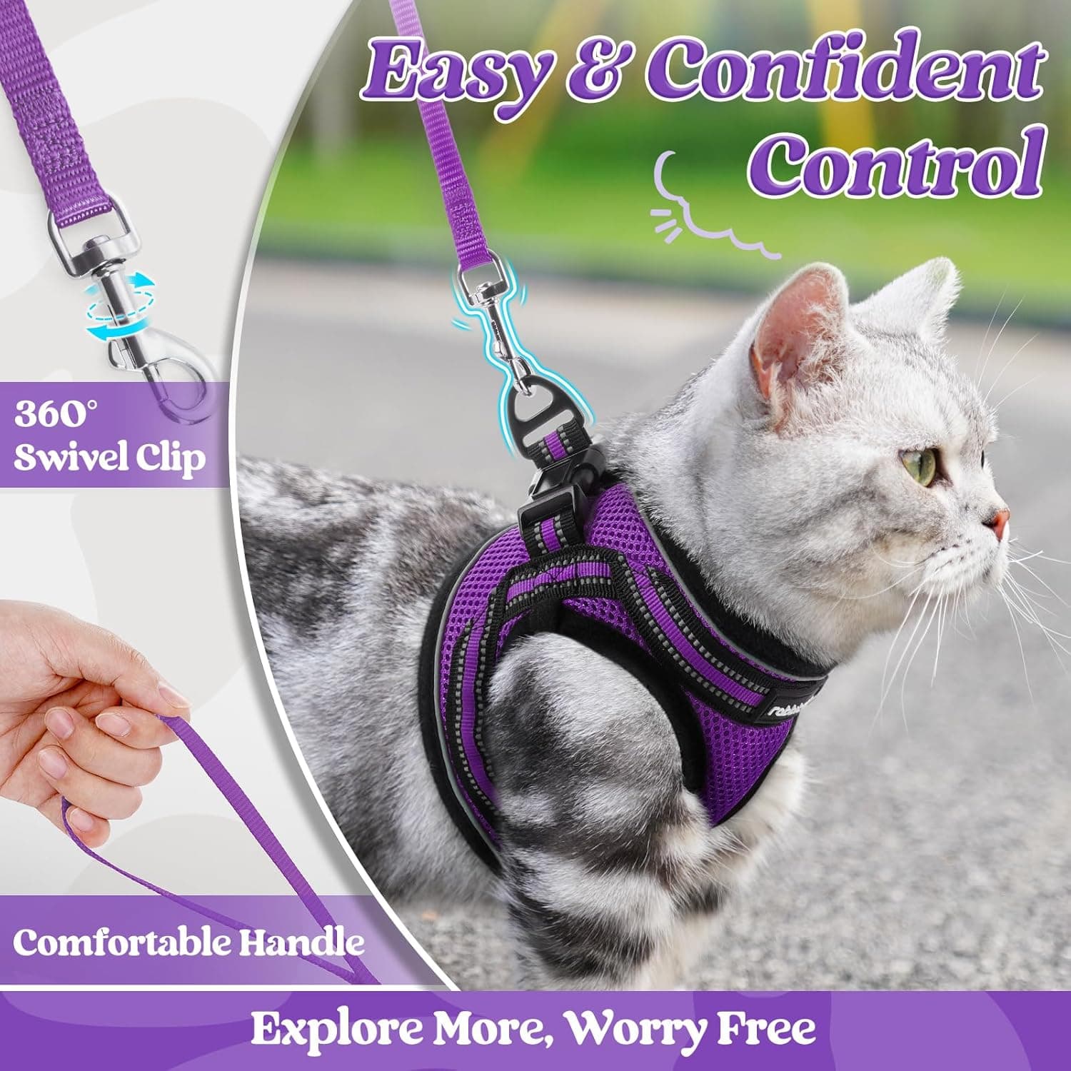 rabbitgoo Cat Harness and Leash Set for Walking Escape Proof, Adjustable Soft Kittens Vest with Reflective Strip for Cats, Comfortable Outdoor Vest, Purple, S Small Purple - Image 7