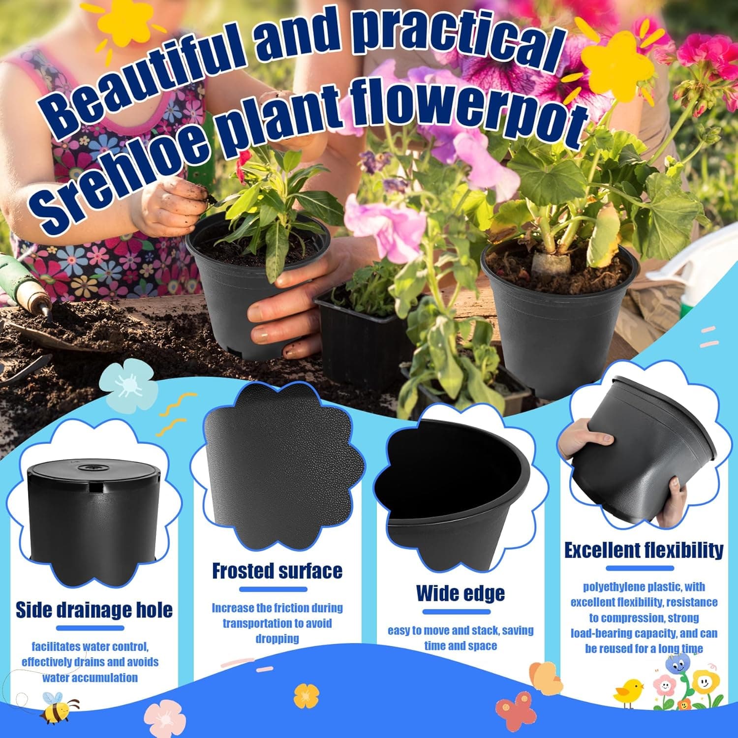 10Pcs 7 Gallon 14 inch Plant Nursery Pot Flower Seedling Injection Molded Container Plastic Garden Planter Pots with Drainage Holes Suitable for Vegetables Flowers Plants Black - Image 4