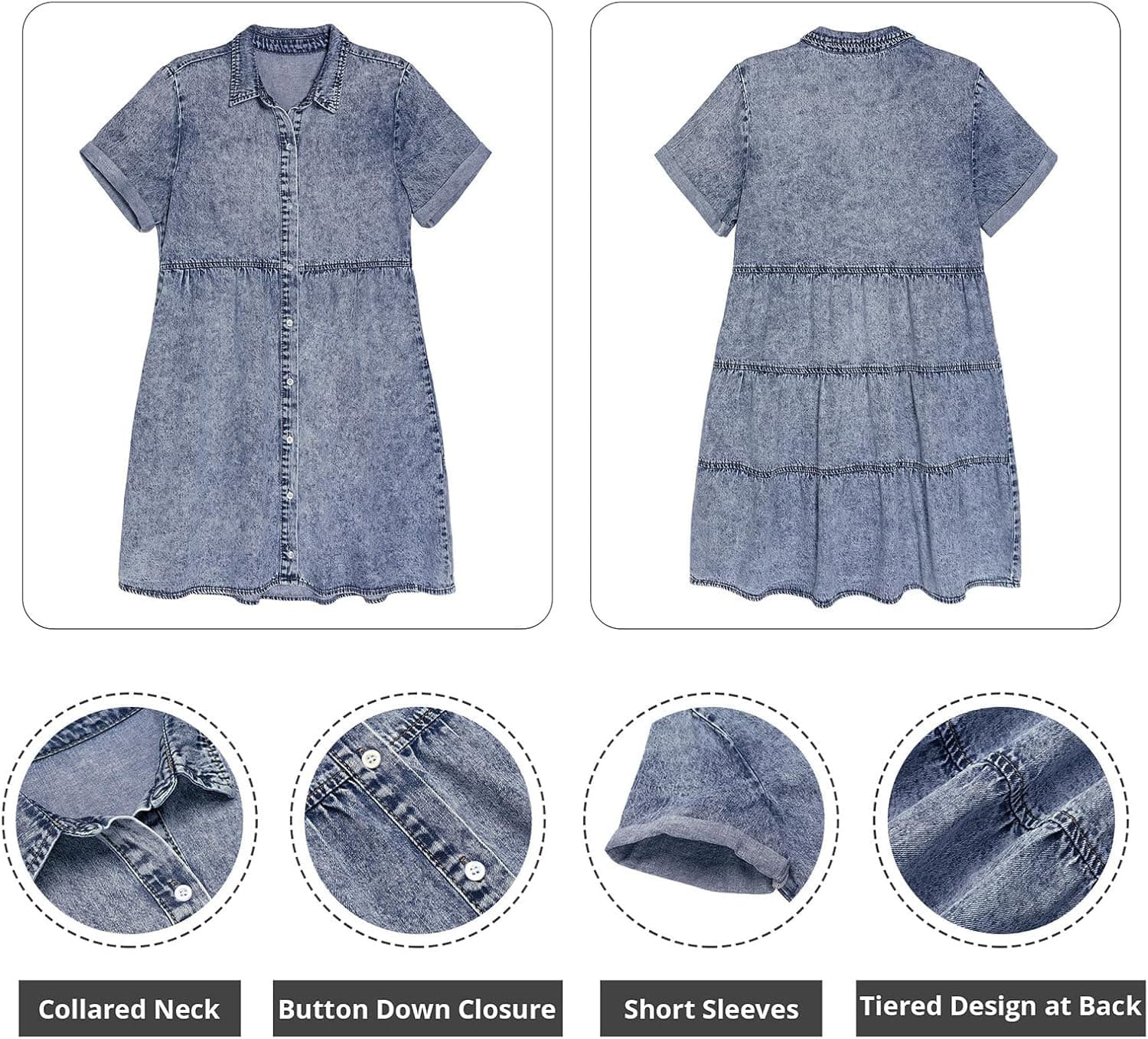 GRAPENT Flowy Summer Dresses para sa Kababaihan 2025 Blue Denim Shirt Dress Short Sleeve Dresses para sa Kababaihan Kulay Bay Blue Baggy Oversized Jean Dress para sa Spring & Summer Medium Size 8 Size 10 - Image 7