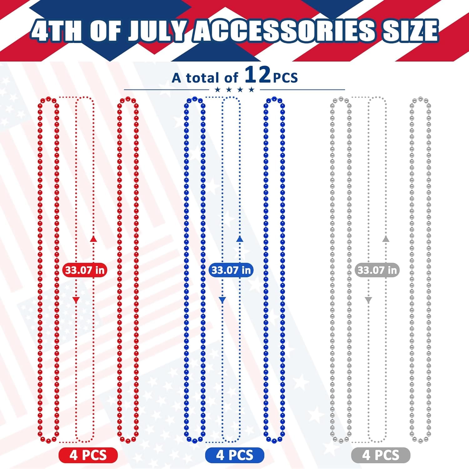 4th of July Party Favors, 12PCS Veterans Day Necklaces Bulk, Fourth of July Red Blue Silver Beads Necklace, Veterans Day Patriotic Beads Bulk for Parade Party Celebration Favors Decorations Red White and Blue - Image 3