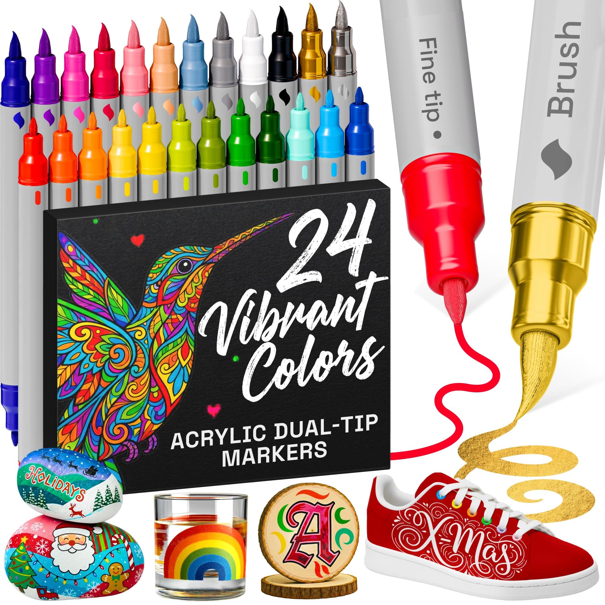 ARTISTRO 24 Acrylic Paint Markers - Paint Pens for Calligraphy, Brush + Fine Tips - For Fabric, Rock, Glass, Wood, DIY, Craft, Canvas - Art and Craft Supplies for Adults, Teens, Kids 24 Multicolor