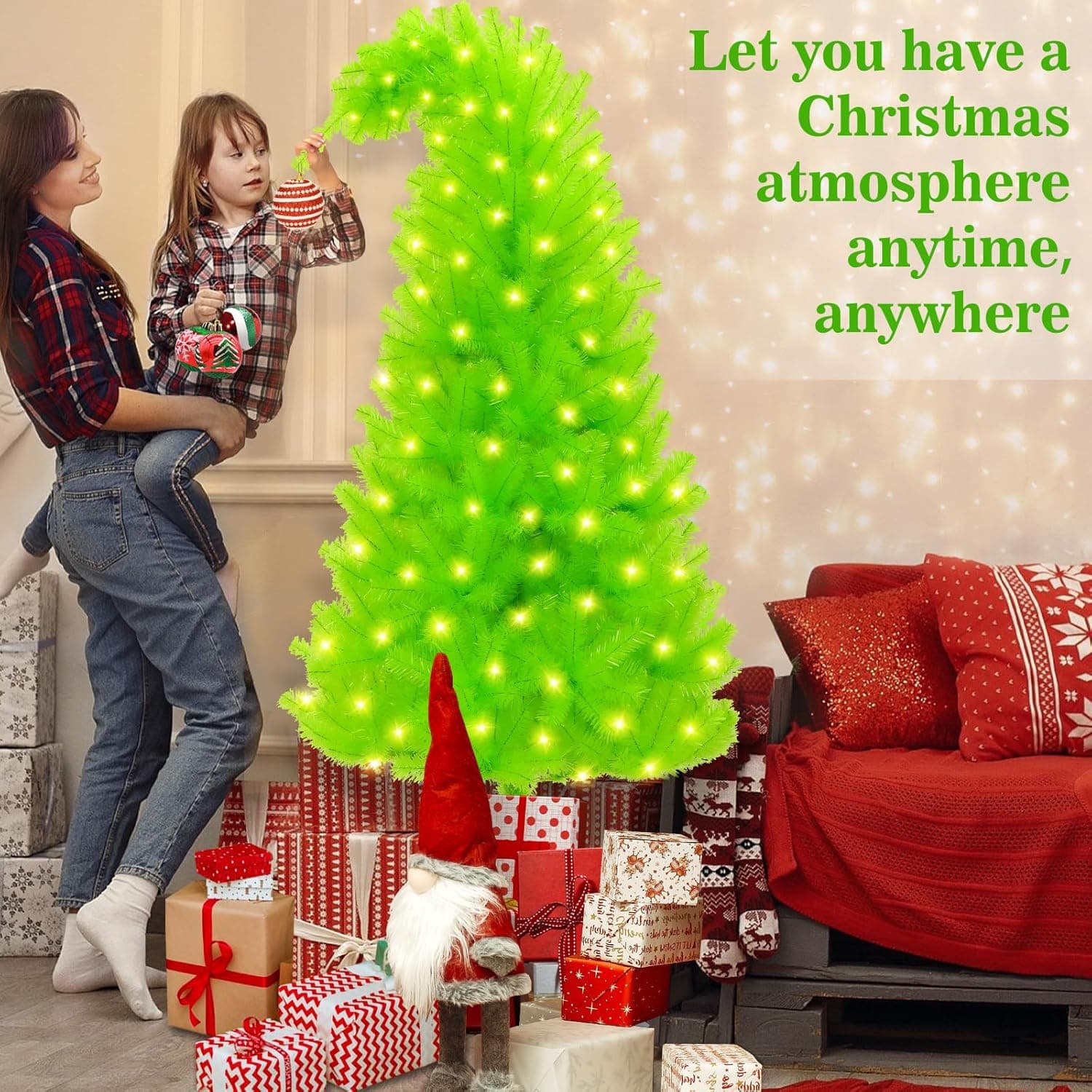 6 FT Grinchie​ Christmas Tree, Top Curved 6ft Upright 7ft Lime Green Xmas Tree with Tree Skirt, Easy Setup Whimsical Artificial Christmas Tree for Christmas Decorations - Image 4