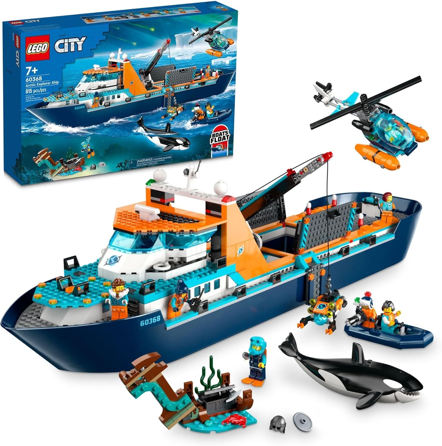 LEGO City Arctic Explorer Ship 60368 Ensemble de Jouets de Construction, Cadeau Amusant pour les Garçons et Filles de 7 Ans, avec un Bateau Flottant, Hélicoptère, Canot, Sous-marin ROV, Épave Viking, 7 Minifigurines et un Orca - Image 2