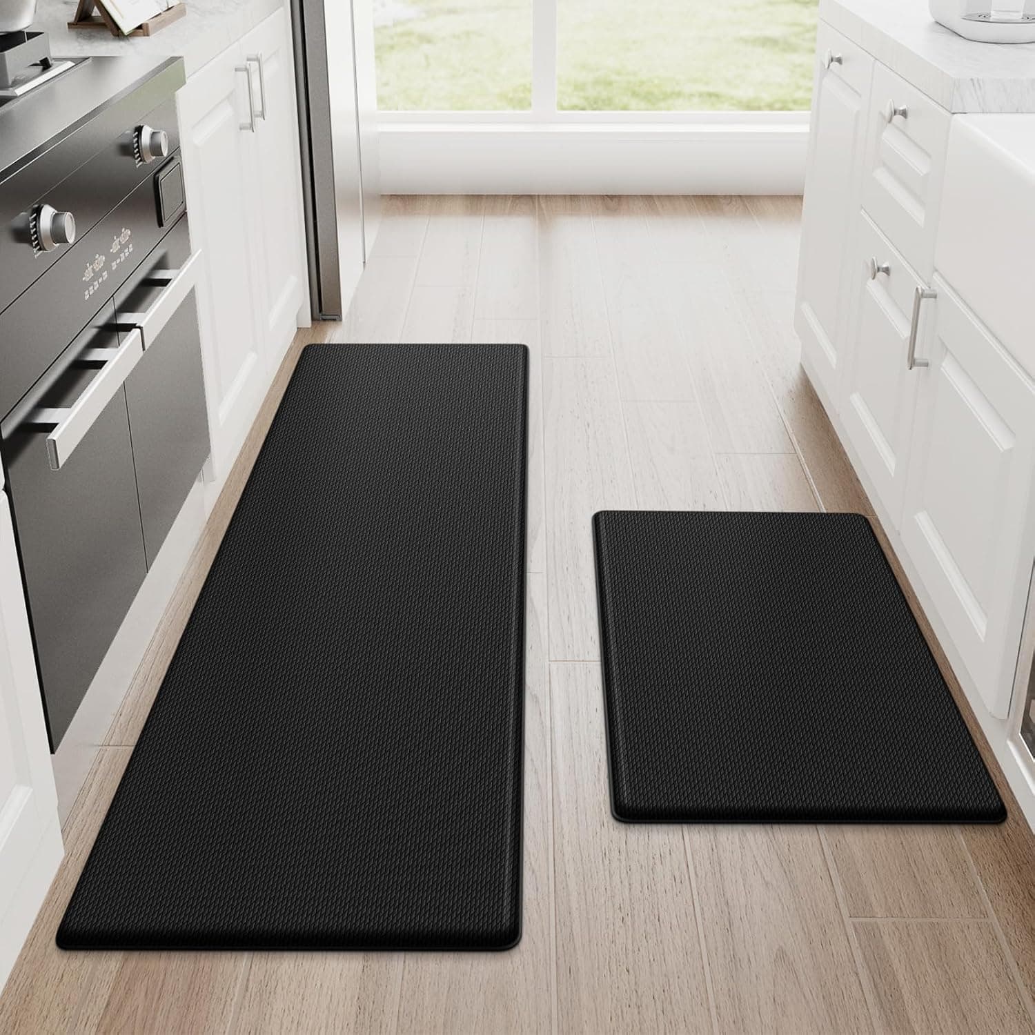 StepRite Kitchen Mats, 2PCS Kitchen Rugs, Cushioned Anti Fatigue Kitchen Mats for Floor, Non-Slip Standing Desk Mat, Waterproof Kitchen Rug Set for Kitchen, Floor, Office, 17.3"x30"+17.3"x47", Black Black 17.3" x 30"+17.3" x 47"-0.4 inch - Image 2