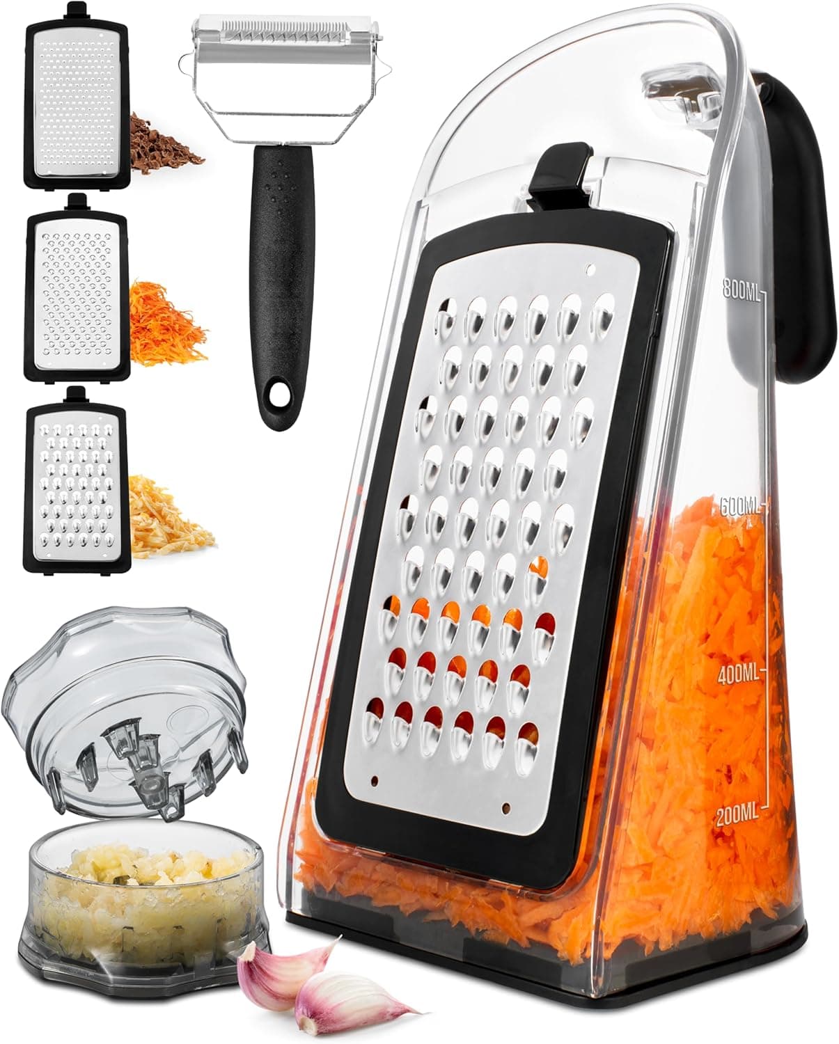 Cheese Grater with Garlic Crusher- Box Grater Vegetable Shredder with 3 Stainless Steel Blades - Graters for Kitchen- Cheese Graters with Handle - Garlic Mincer Tool and Vegetable Peeler - Image 2