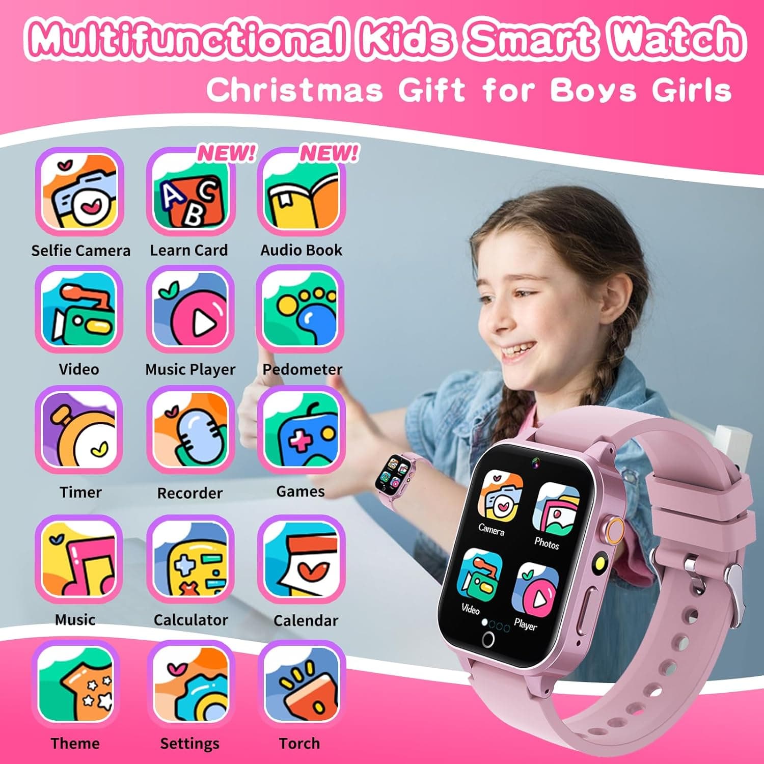 Kids Smart Watch Gift for Girls Age 5-12, 39 Games HD Touch Screen Watches with Video Camera Music Player Pedometer Flashlight 12/24 hr Educational Toys Birthday Gifts for Girls Ages 7 8 9 10 Pink - Image 2