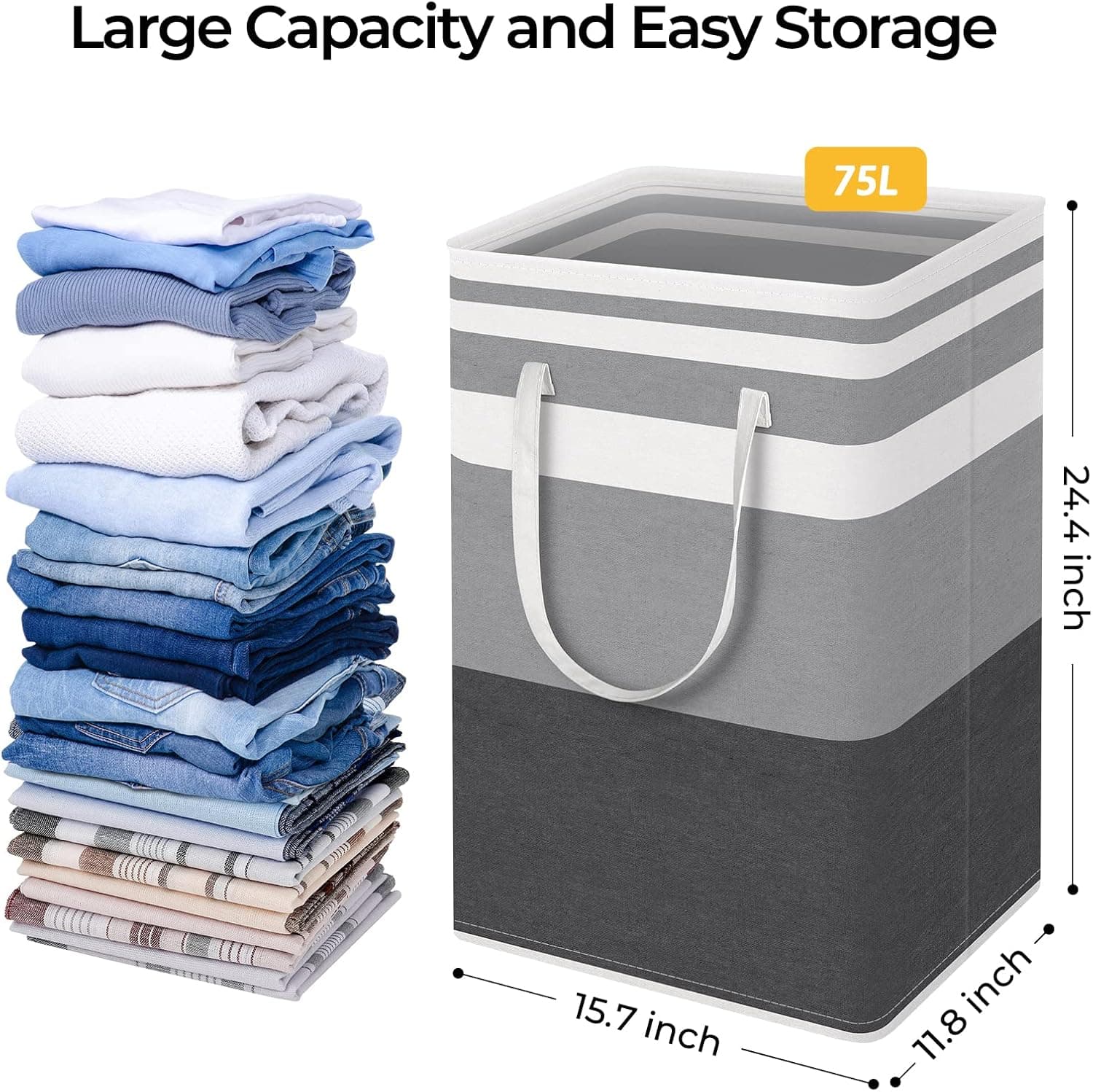 HomeHacks 2 Pack Large Laundry Baskets, Waterproof, Freestanding Laundry Hampers, Collapsible Clothes Hamper with Reinforced Handles in Laundry Room, College Dorm, Bathroom, Bedroom (Grey, 75Lx2) 75L Grey - Image 5