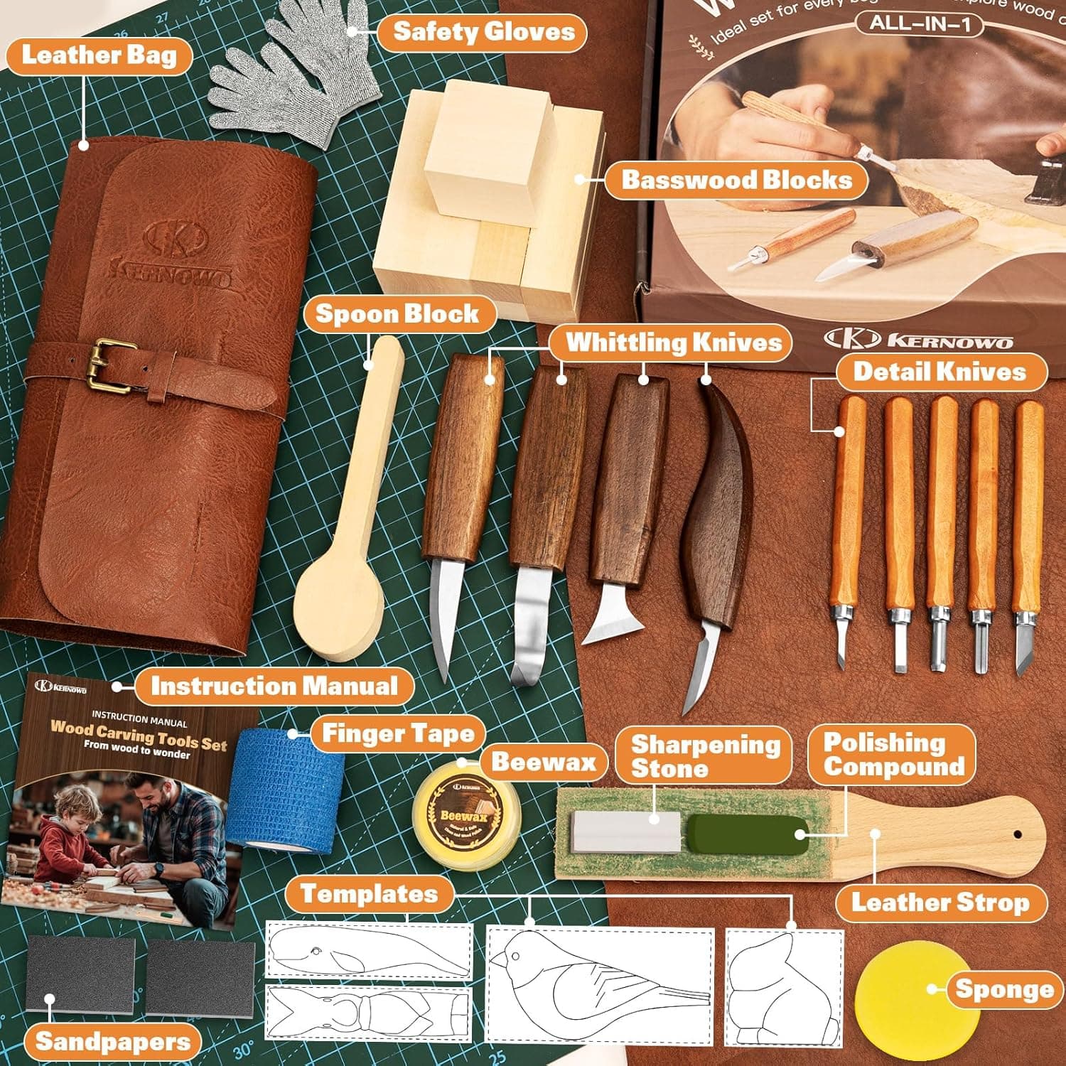 Wood Carving Kit, 32Pcs Wood Carving Tools with PU Storage Bag, Wood Whittling Knife Kit with 4pcs Templates & 11pcs Wood Carving Knives for Wood DIY Beginners - Image 3
