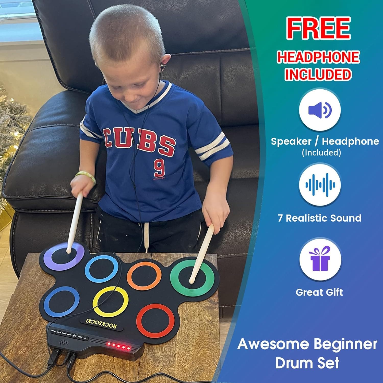 ROCKSOCKI Electric Drum Set, 7-Pad Kids Electronic Drum Set with Headphone Included, Roll-up Drum Practice Pad, Great Holiday Xmas Birthday Gift for Kids 3-8 yrs old - Image 3
