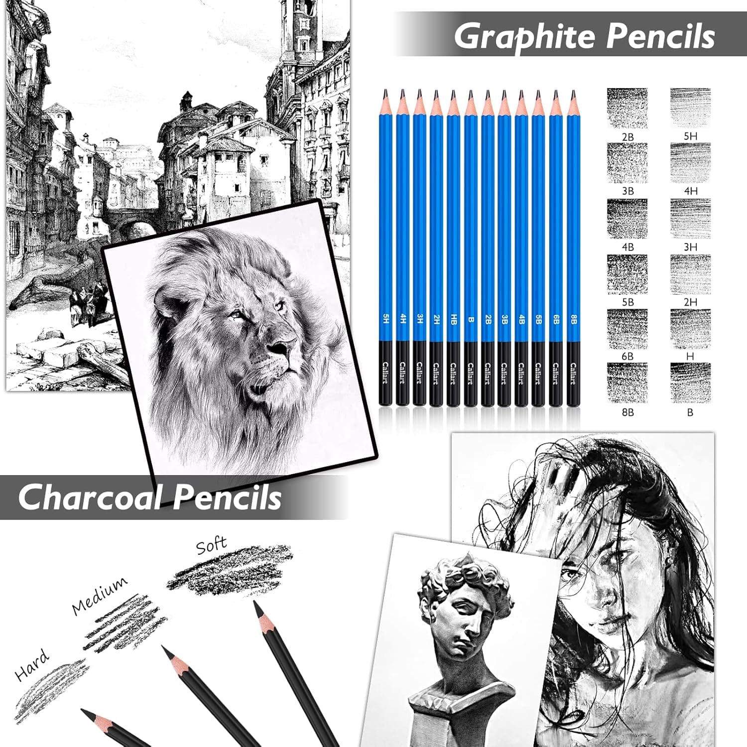 Caliart 176PCS Art Supplies Sketching Kit with 100 Sheets 3-Color Sketch Book, Graphite Colored Charcoal Watercolor & Metallic Pencils, Drawing Set Christmas Gifts for Adults Teens Girls Boys Kids Black - Image 5