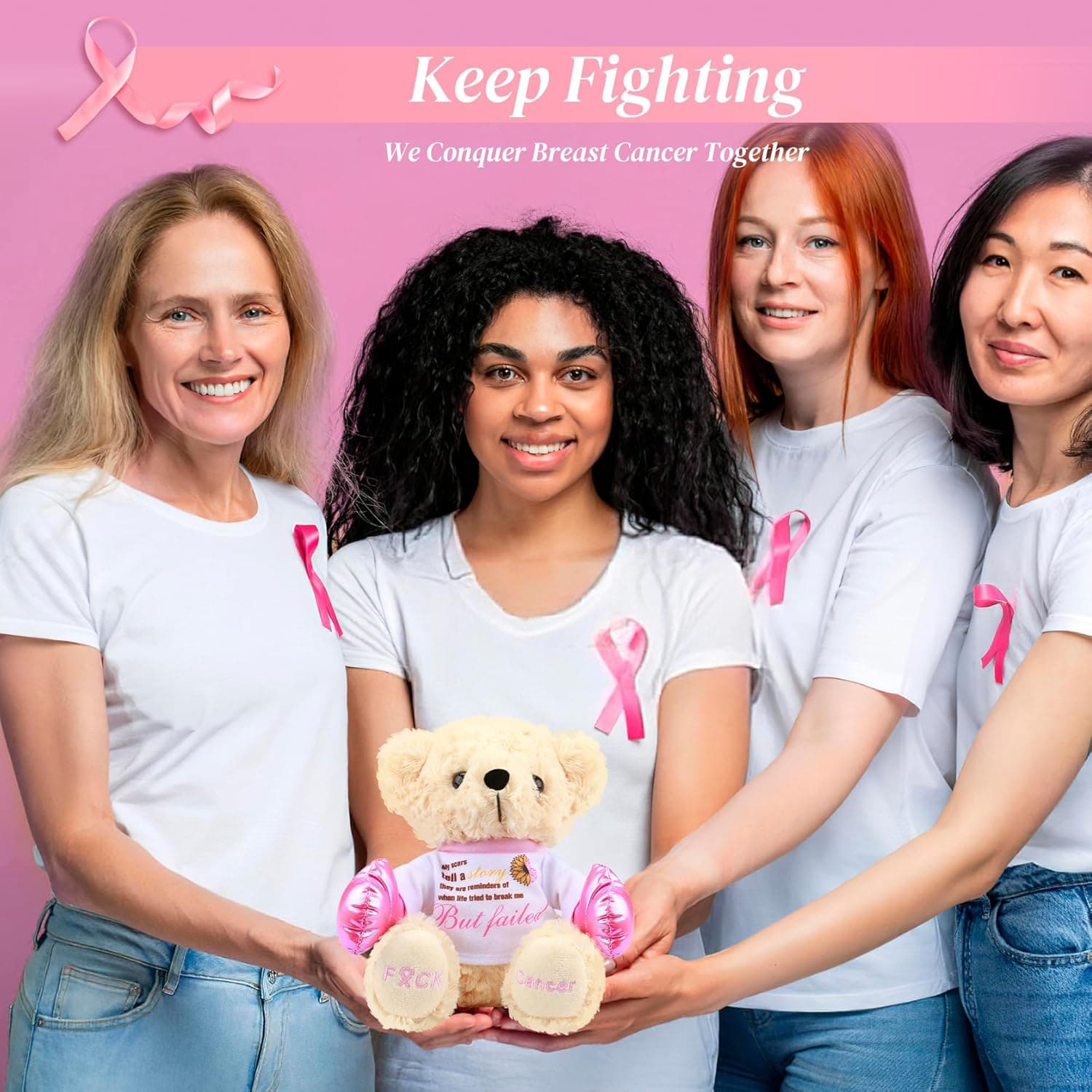 Breast Cancer Awareness Stuffed Bear Plush – 8" Fuck Cancer Teddy Bear Stuffed Animal Toy with Pink Boxing Gloves, Breast Cancer Comfort Gifts for Women, Inspirational Gift For Cancer Warrior Fighter Breast Cancer Teddy Bear - Fuck Cancer - Image 7