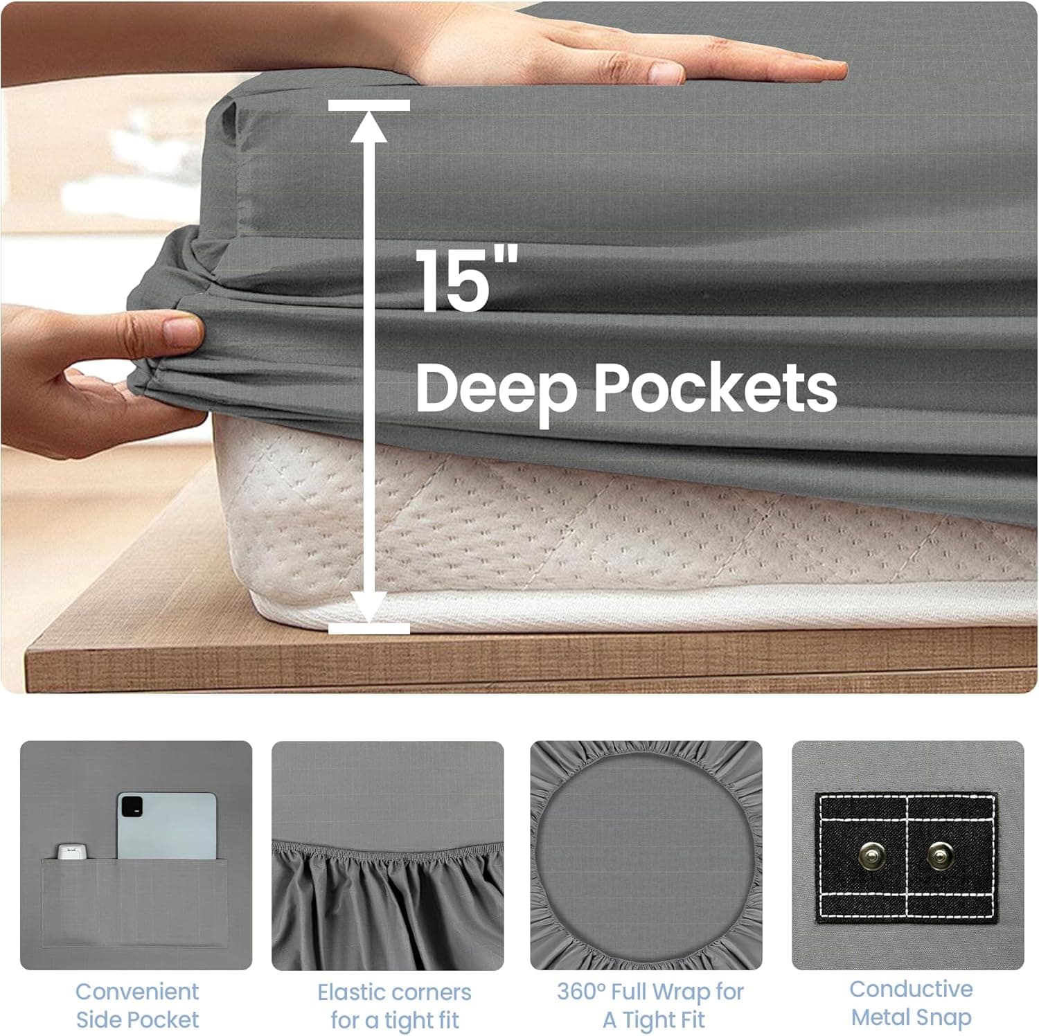 Grounding Sheets Queen Size - 90% Organic Cotton + 10% Pure Silver Fitted Bed Sheet for Earthing - 400 Thread Count Deep Pocket Grounded Bedsheets - Improved Sleep Down to Earth Ground Bedding Queen Gray - Image 5