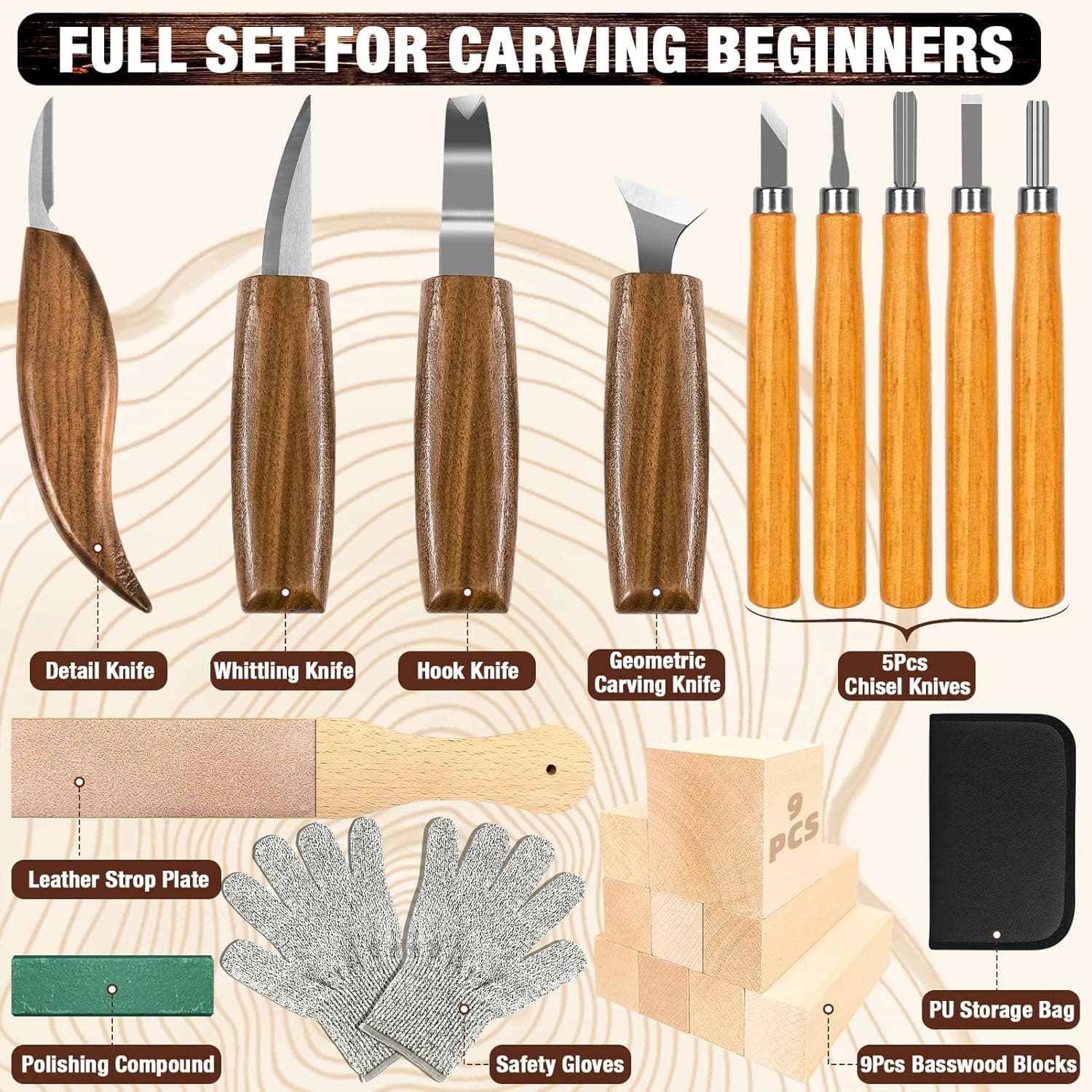 Wood Carving Kit, 23pcs Wood Carving Tools with 4 Wood Carving Knives 5 Detail Knives 9 Blocks, Whittling Kit DIY Hobbies for Adults - Image 3