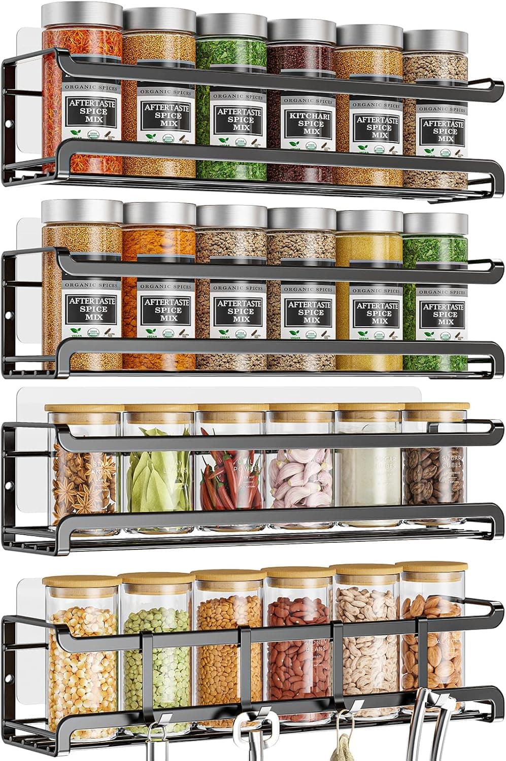 Spice Rack Wall Mounted 4 Pack,Space-Saving Spice Organizer for Spice Jars and Seasonings,Screw or Adhesive Hanging Spice Rack Organizer for Your Kitchen Cabinet,Pantry Door,11.41x2.75x2.75in 4Pack Black - Image 2