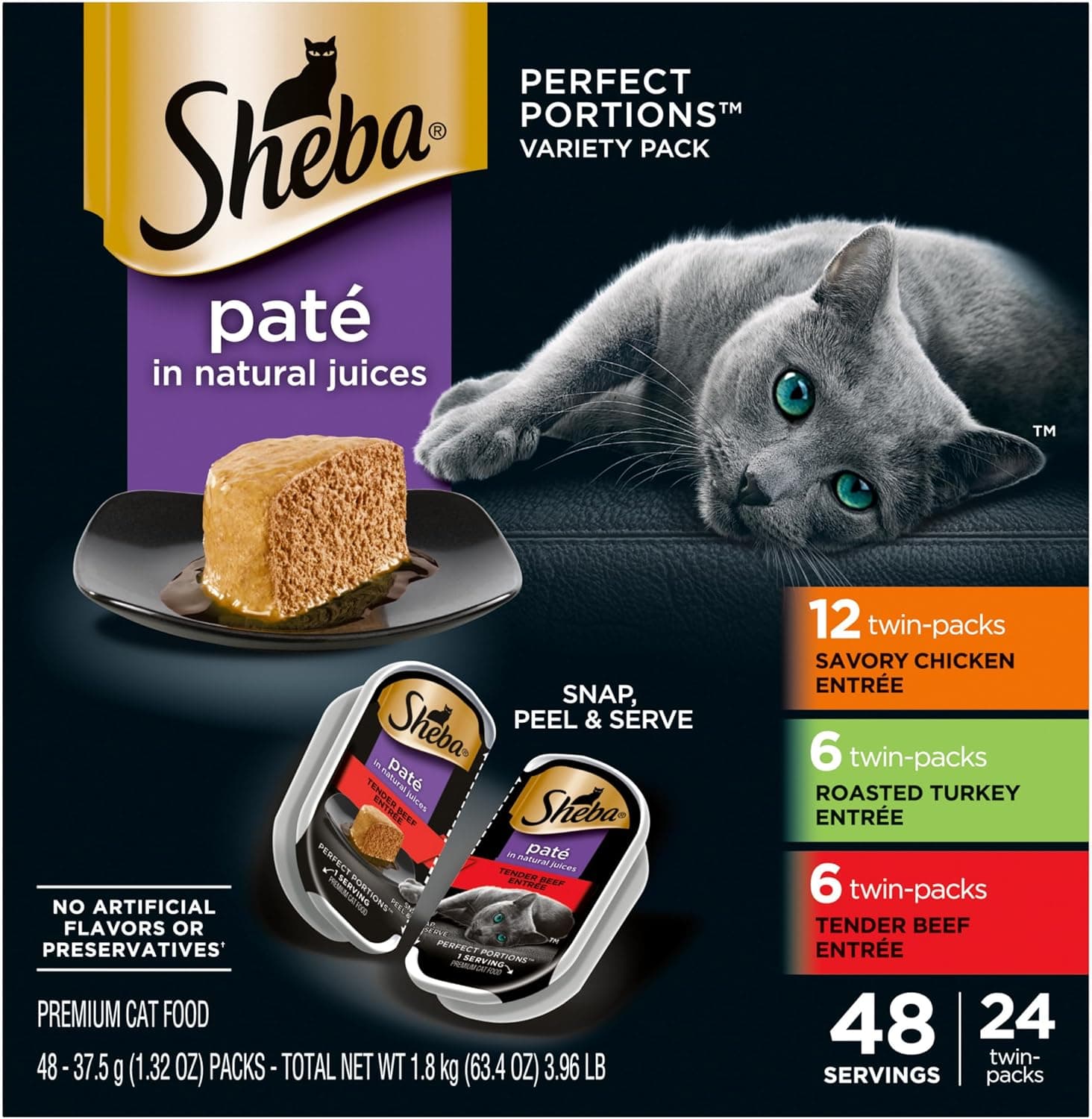 Sheba Perfect Portions Wet Cat Food Pate Savory Chicken Entree, Roasted Turkey Entree, and Tender Beef Entree Variety Pack, 2.6 oz. Twin Pack Trays (24 Count, 48 Servings) Chicken, Turkey & Beef 24 Count (Pack of 1) - Image 2