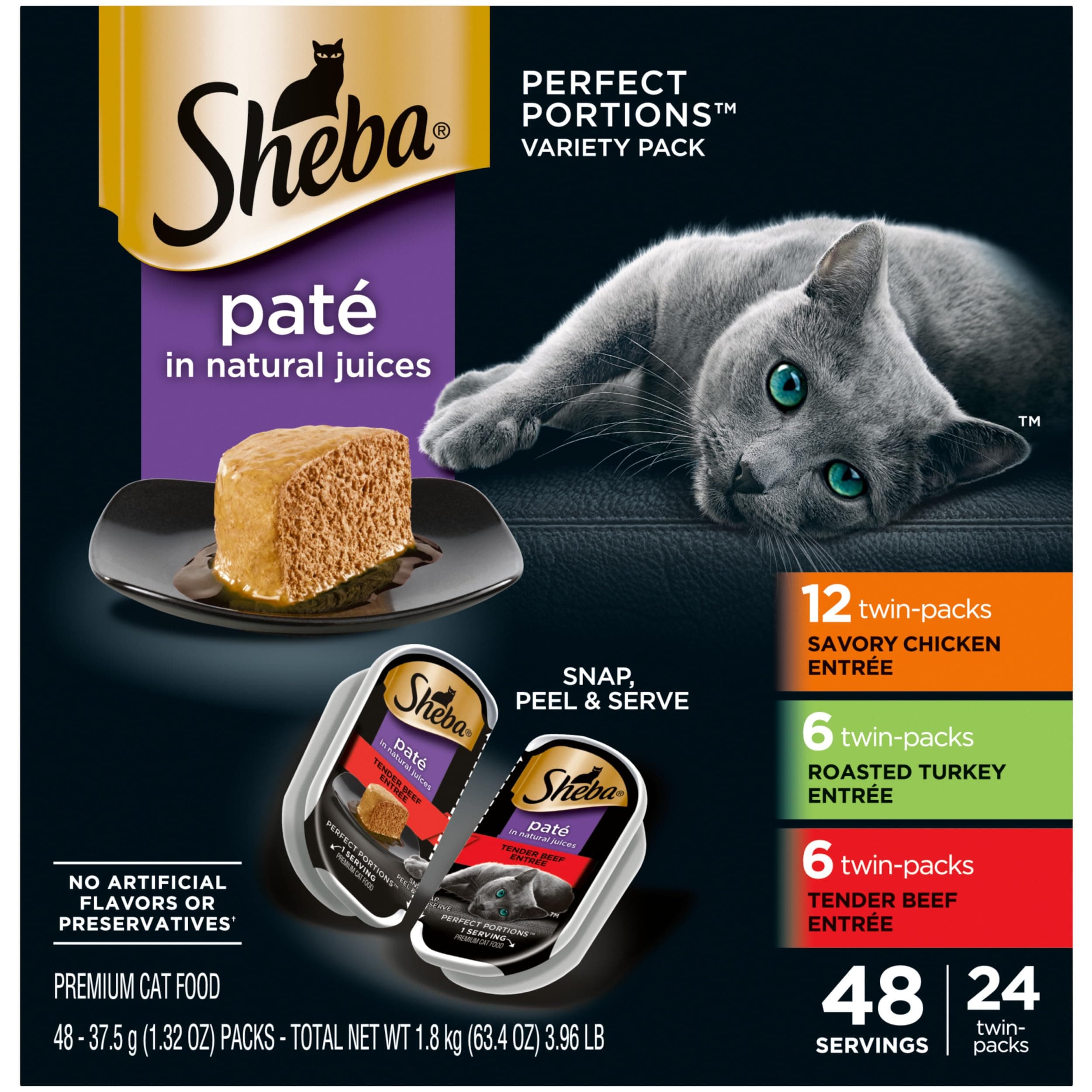 Sheba Perfect Portions Wet Cat Food Pate Savory Chicken Entree, Roasted Turkey Entree, and Tender Beef Entree Variety Pack, 2.6 oz. Twin Pack Trays (24 Count, 48 Servings) Chicken, Turkey & Beef 24 Count (Pack of 1)