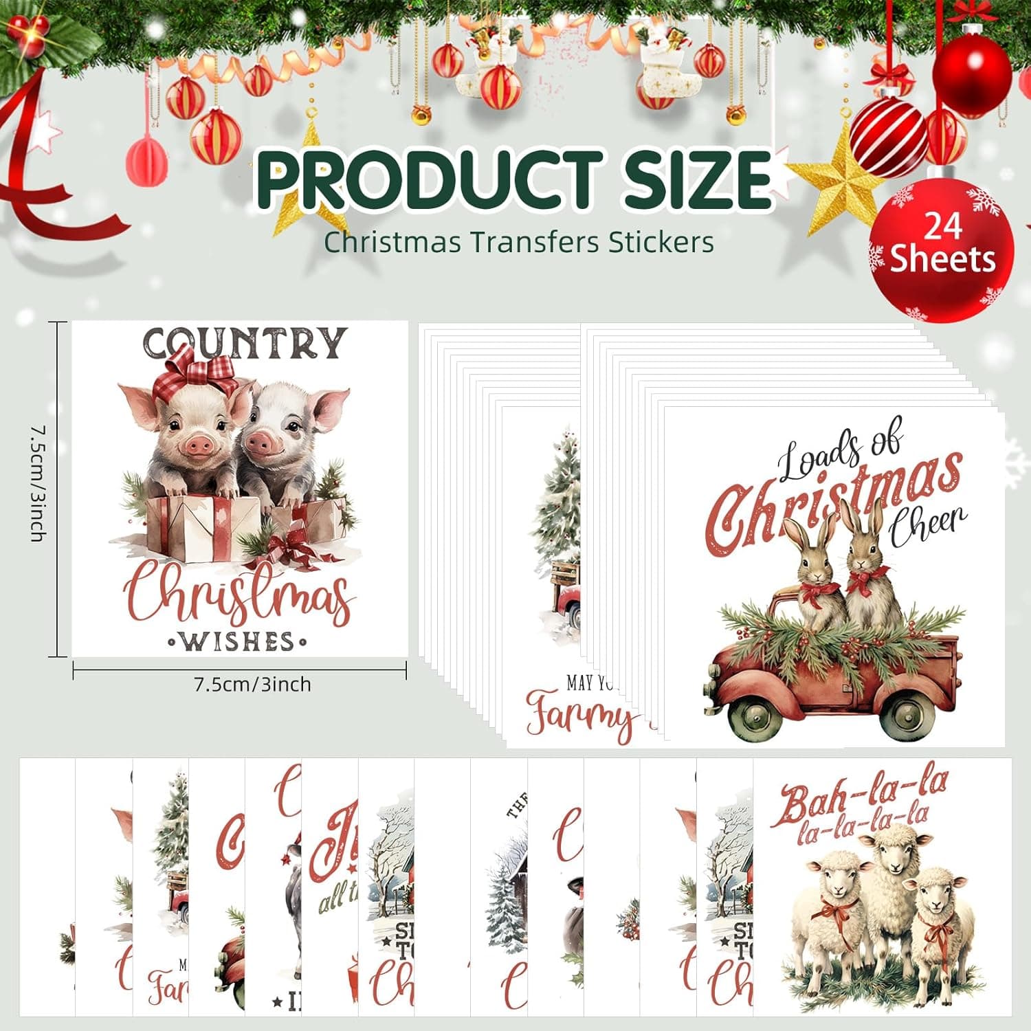 24 Sheets Vintage Christmas Rub On Transfers for Crafts, Rub On Transfers Christmas for Wood，Furniture Decals, Glass, Porcelain, Leather, Canvas, Fabric Projects,3 * 3inch(Farm Christmas) Cottage farm Christmas - Image 3
