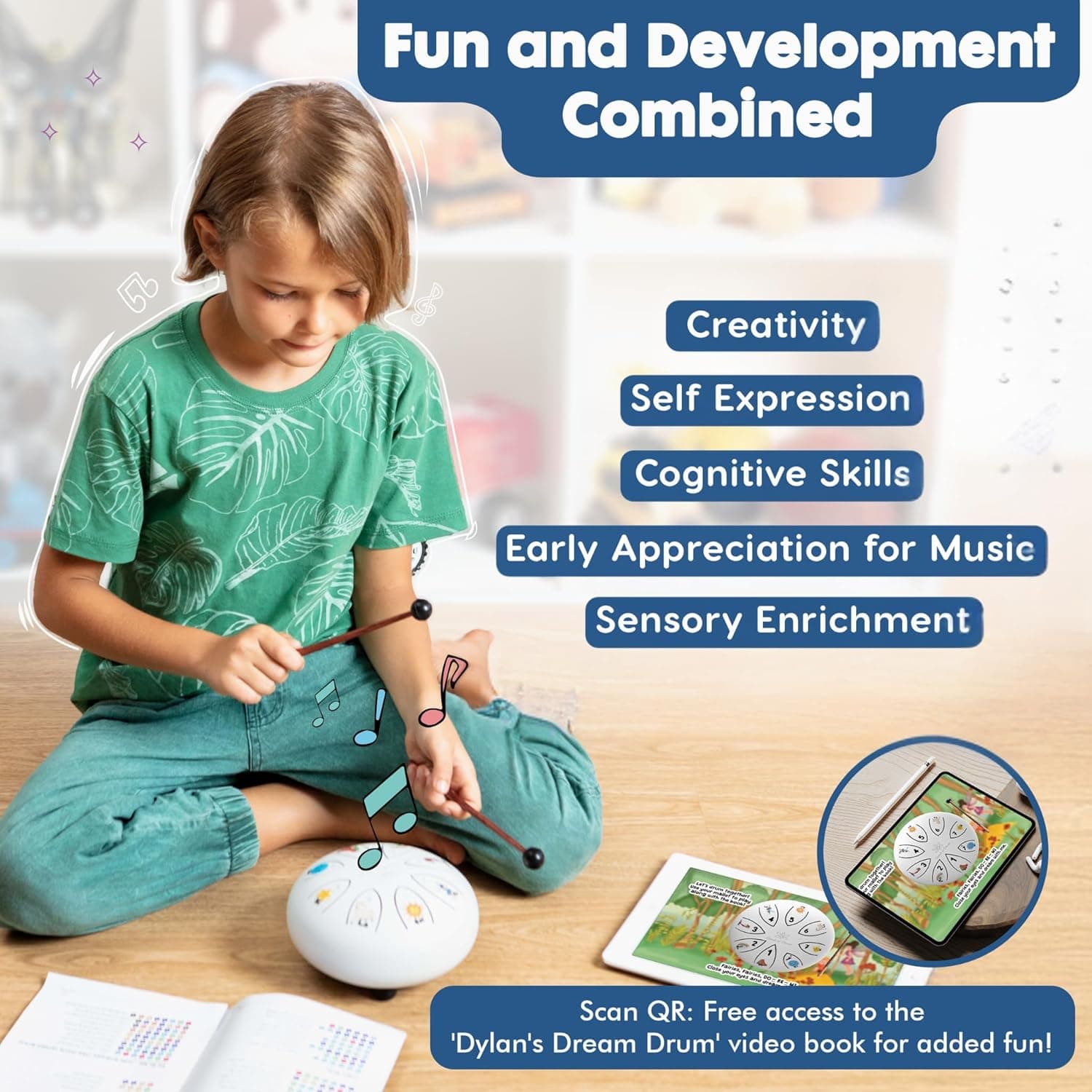 Steel Tongue Drum With Songbook And Bedtime Story - Kids Musical Instruments - Musical toys for toddlers, Dylan's Dream Drum 3 In 1 Handpan drum, 6 Inch 8 notes, Diatonic White Dylan's Dream Drum - Image 4