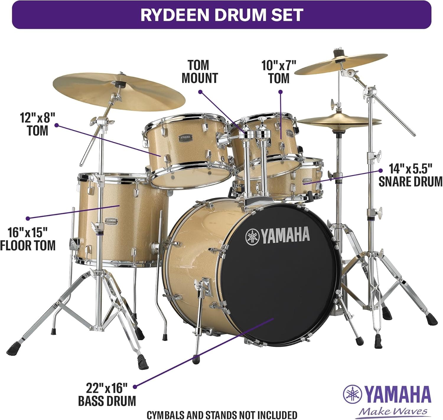 Yamaha Rydeen 5-Piece Drum Set With 22" Bass Drum, Floor Tom, 2 Toms With Ball Clamp And Wood Snare Drum, Champagne Glitter 22" Bass Drum Champagne Glitter - Image 5