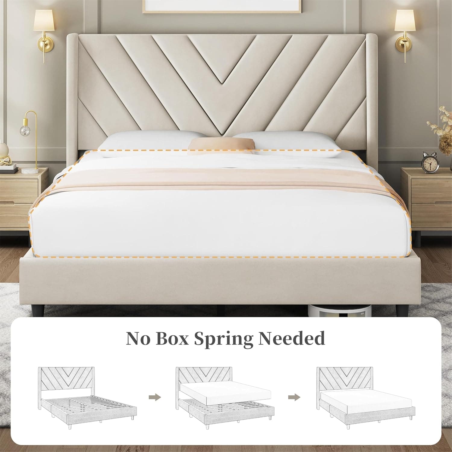 Yaheetech Queen Bed Frame Upholstered Platform Bed with Wing Side/Wooden Slat Support/Tufted Headboard with Wing Side/Mattress Foundation/No Box Spring Needed,Beige Queen Bed - Image 9