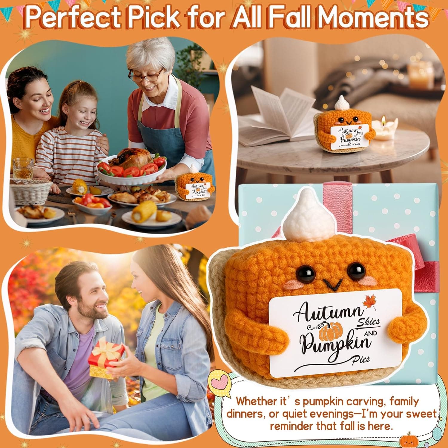 Thanksgiving Fall Decor Mini Pumpkin Pie Crochet Doll, Small Autumn Season Holiday Pumpkin Items Plush Gift, Cute Halloween Home Office Indoor Table Decoration, Christmas Stocking Stuffer Ornament Autumn Skies - Image 7