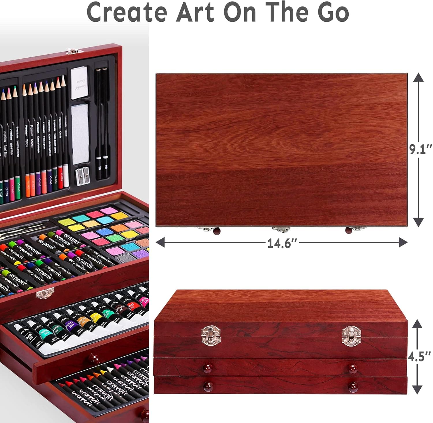 Color More 175 Piece Deluxe Art Set with 2 Drawing Pads, Acrylic Paints, Crayons, Colored Pencils, Paint Set in Wooden Case, Professional Art Kit, Art Supplies for Adults, Teens and Artist, WoodMuse Plus Cherry - Image 7