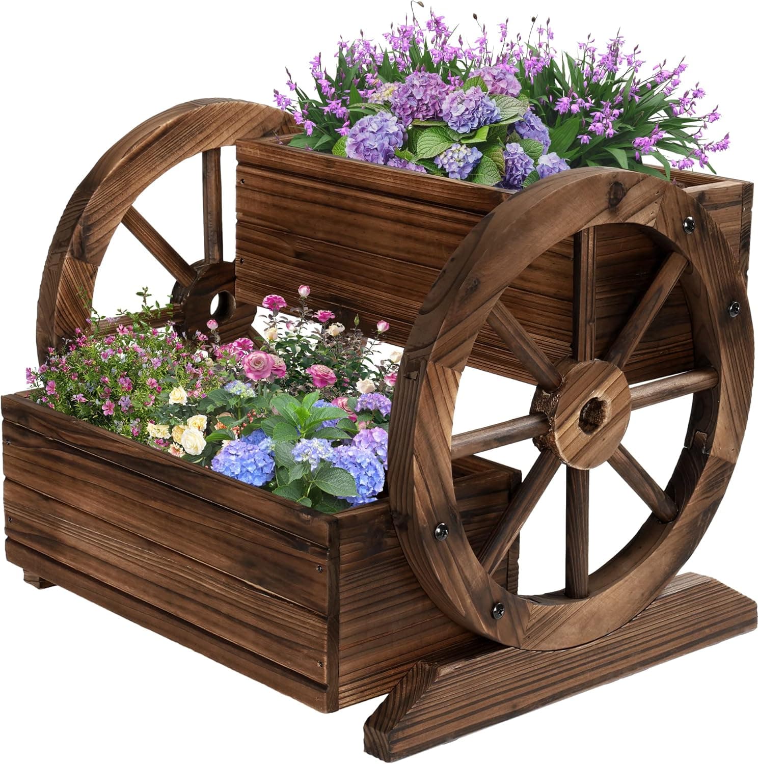 Wooden Wagon Planter Box, Garden Planter with Wheels,Decorative Planter for Flowers Herbs Vegetables for Indoor & Outdoor Décor, Flower Cart for Patio Garden Balcony 2-tier Planter Box --1pc - Image 2
