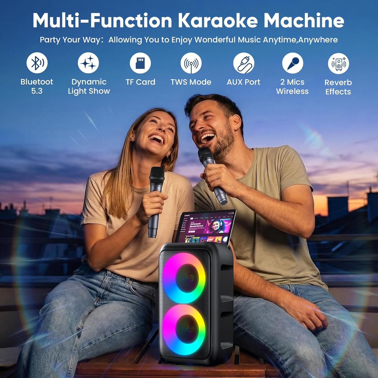 Karaoke Machine for Adults Kids, Portable Bluetooth Speaker with 2 Wireless Microphones, TWS Mode & LED Light, 10H Battery PA System Stage Monitors,Perfect for Home Party Outdoor Birthday Gifts(Black) - Image 2