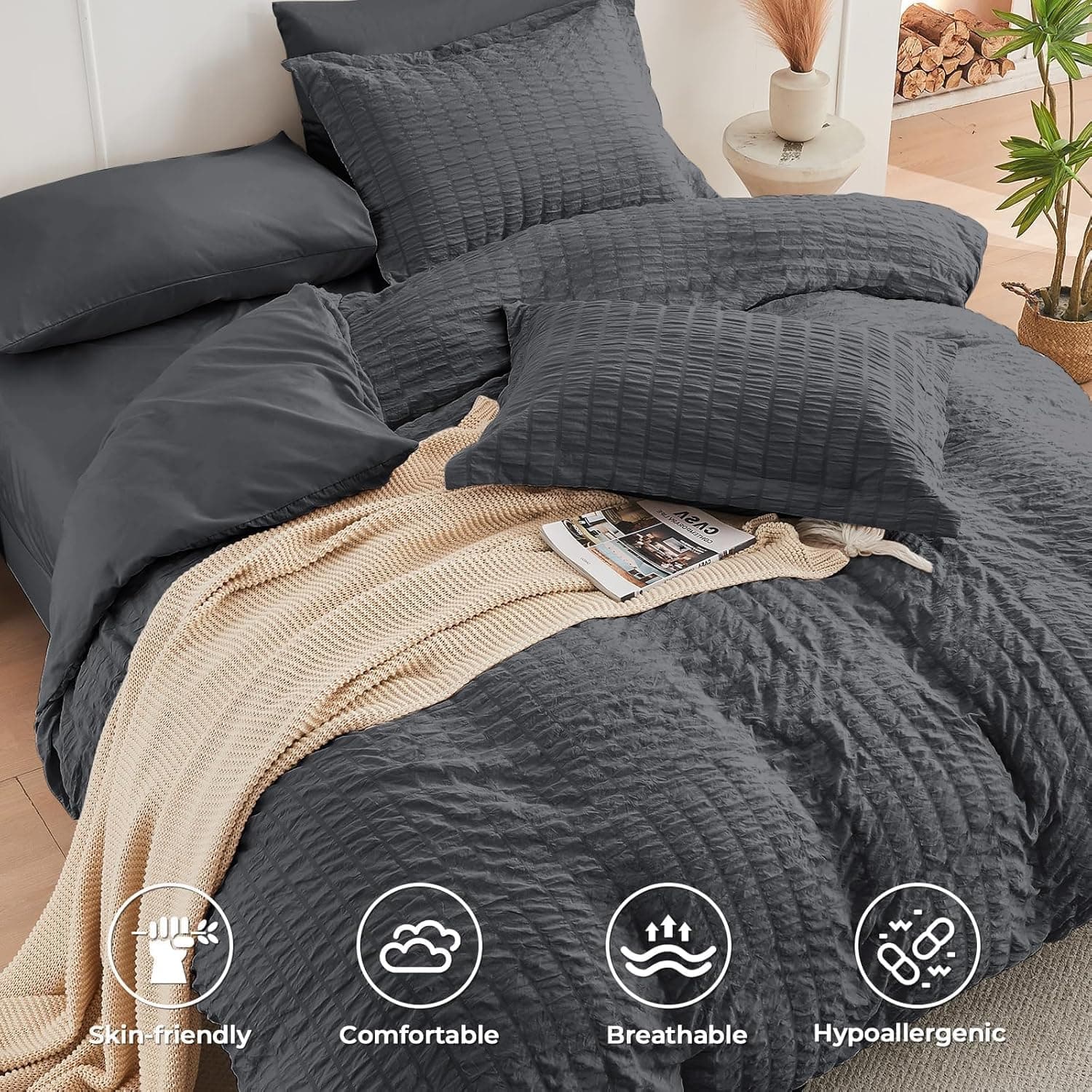 HYMOKEGE Queen Comforter Set Seersucker 7 Pieces, All Season Luxury Bed in a Bag for Bedroom, Bedding Set with Comforters, Sheets, Pillowcases & Shams, Dark Grey Queen(88"x 88") Dark Grey - Image 4
